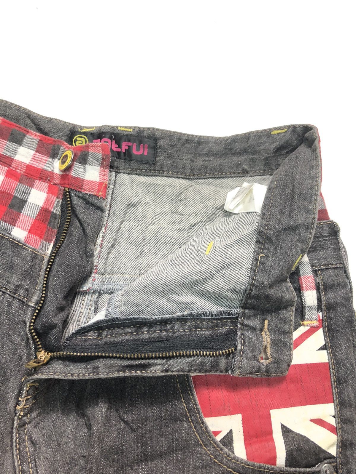Japanese Brand ANT FUI CHEKED UNION JACK DOUBLE WAIST DISTRESSED DENIM Size US 30 / EU 46 - 4 Thumbnail