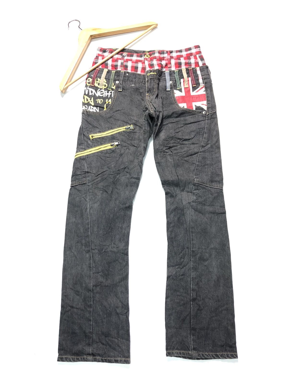 Japanese Brand ANT FUI CHEKED UNION JACK DOUBLE WAIST DISTRESSED DENIM Size US 30 / EU 46 - 1 Thumbnail