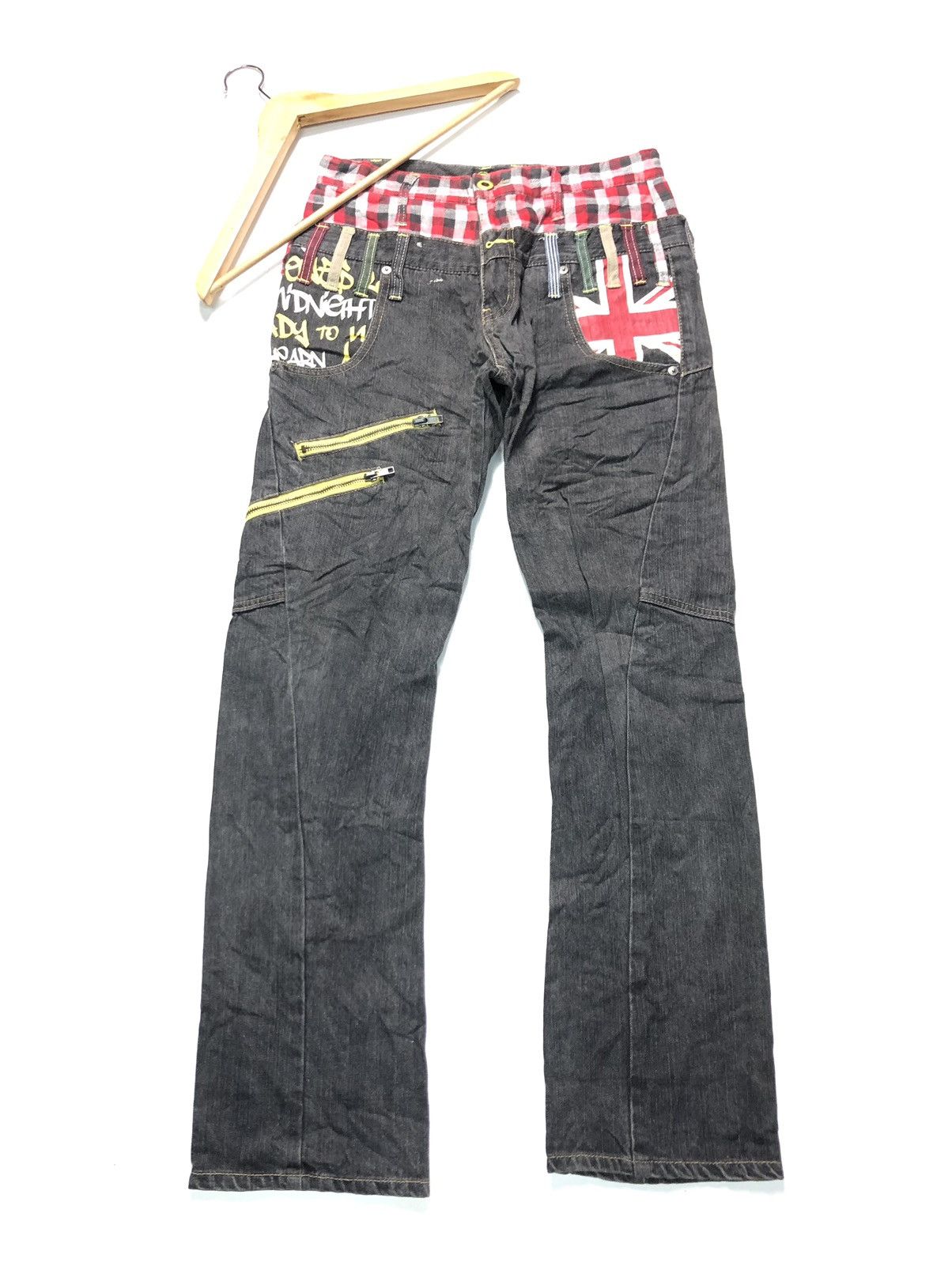 image of Ant Fui Cheked Union Jack Double Waist Distressed Denim in Black, Men's (Size 30)