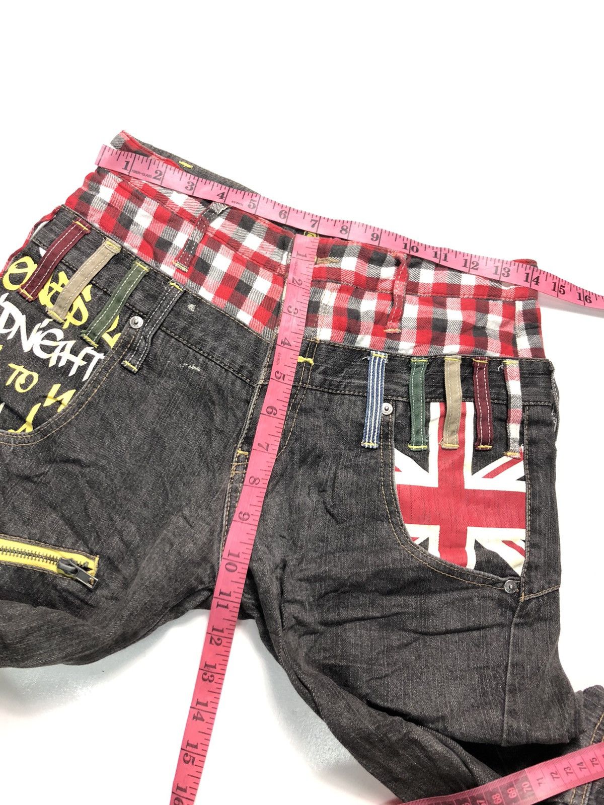 Japanese Brand ANT FUI CHEKED UNION JACK DOUBLE WAIST DISTRESSED DENIM Size US 30 / EU 46 - 13 Thumbnail