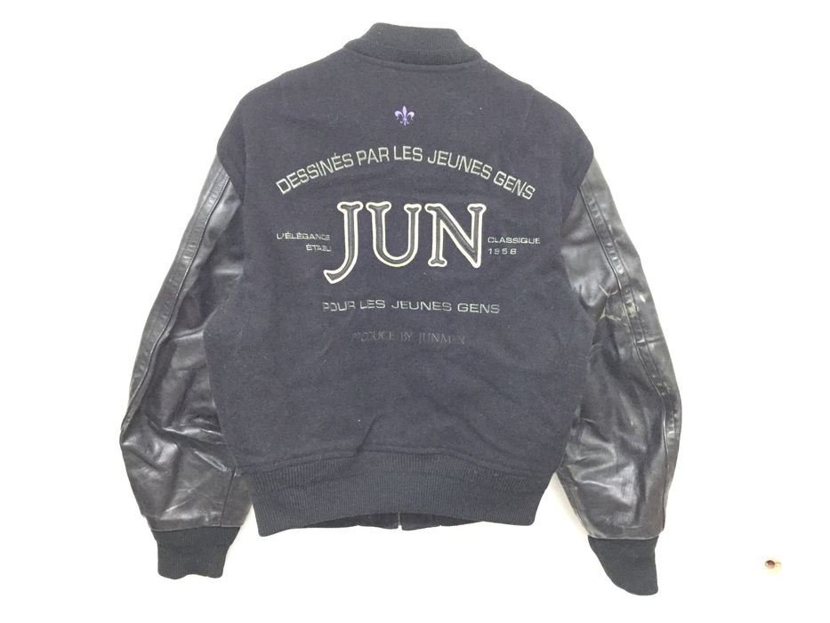 Japanese Brand 90's JUN MEN Leather varsity Bomber jacket | Grailed