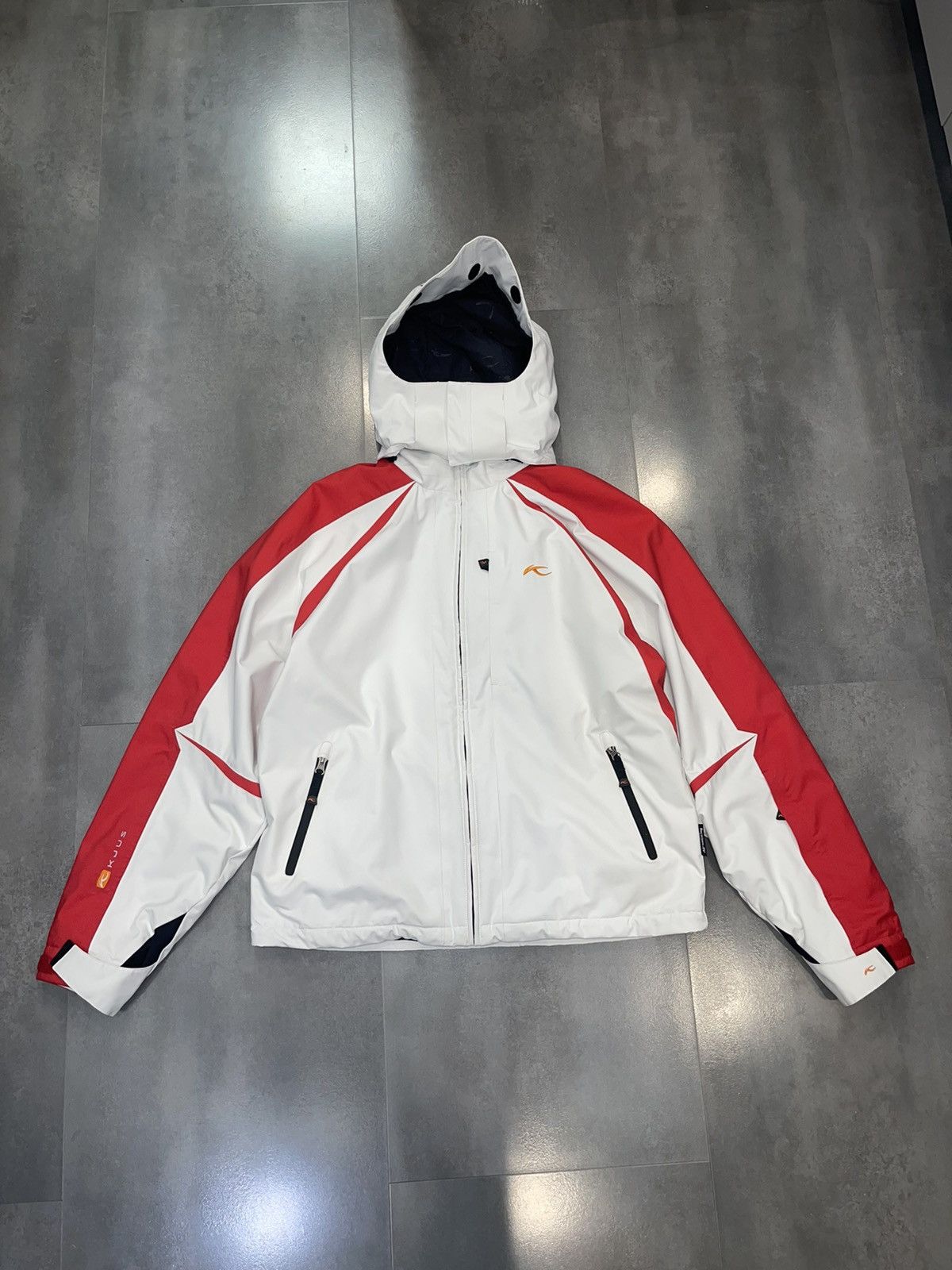 image of Kjus Systems Storm Hood Technical Two Tone Ski Parka in White, Men's (Size Large)