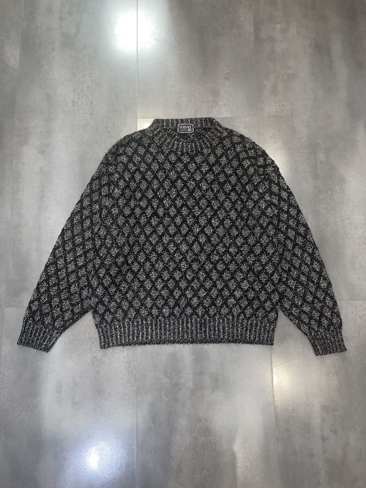 image of Versace Checkered White Black Wool Sweater in Black White, Men's (Size XL)