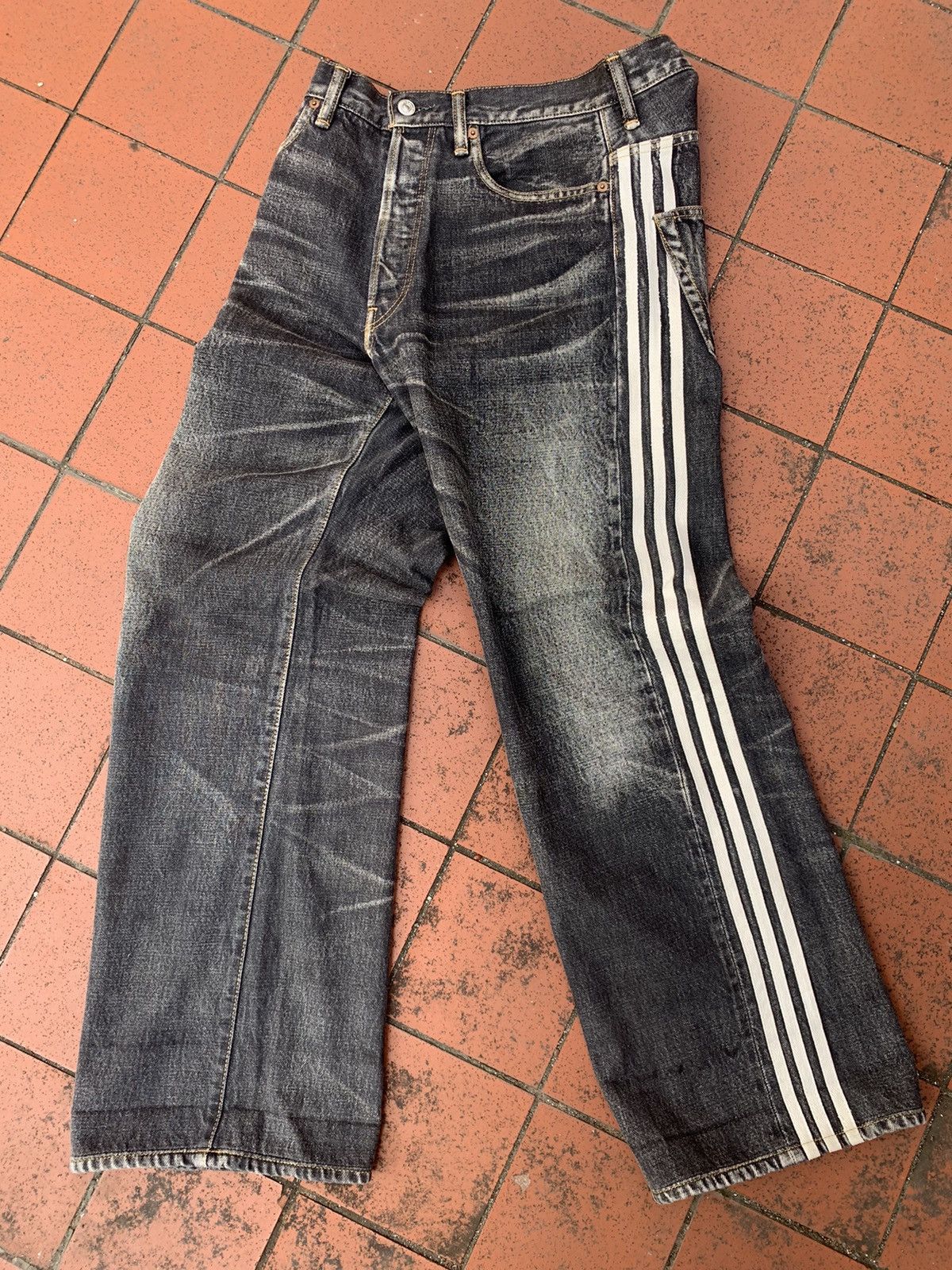 image of Adidas x Y 3 Y-3 Yohji Yamamoto Ss04 3 Strip Spotted Horse Denim Jeans in Faded Black (Size 32)