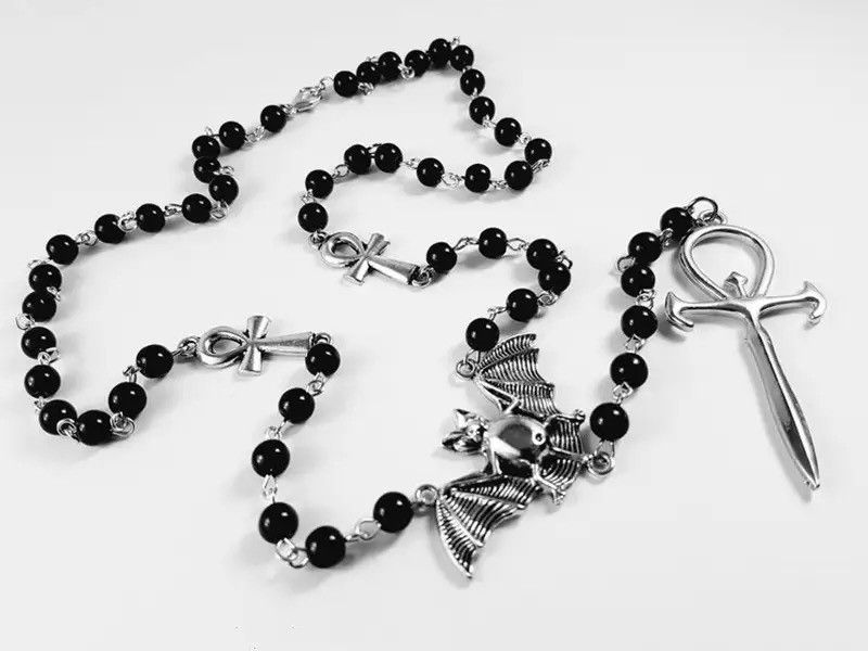 Jewelry Gothic Bat Cross Rosary Necklace Size ONE SIZE - 1 Thumbnail