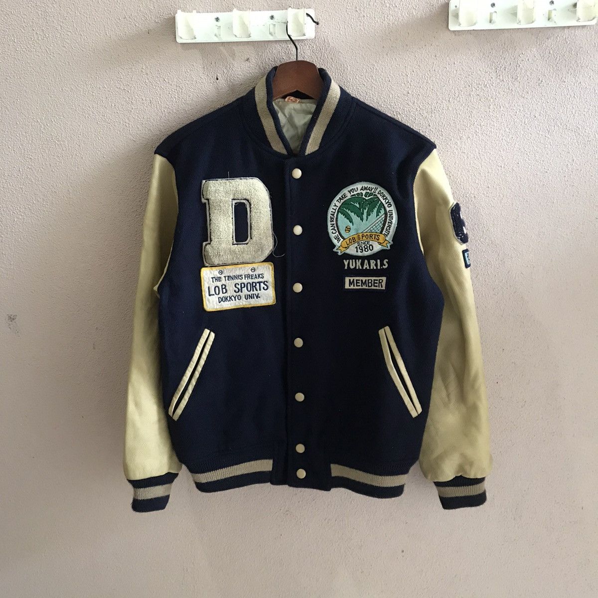 image of Varsity Jacket Heatmade In Japan Varsity D Lob Sports Leather Wool Jacket in Blue (Size Medium)