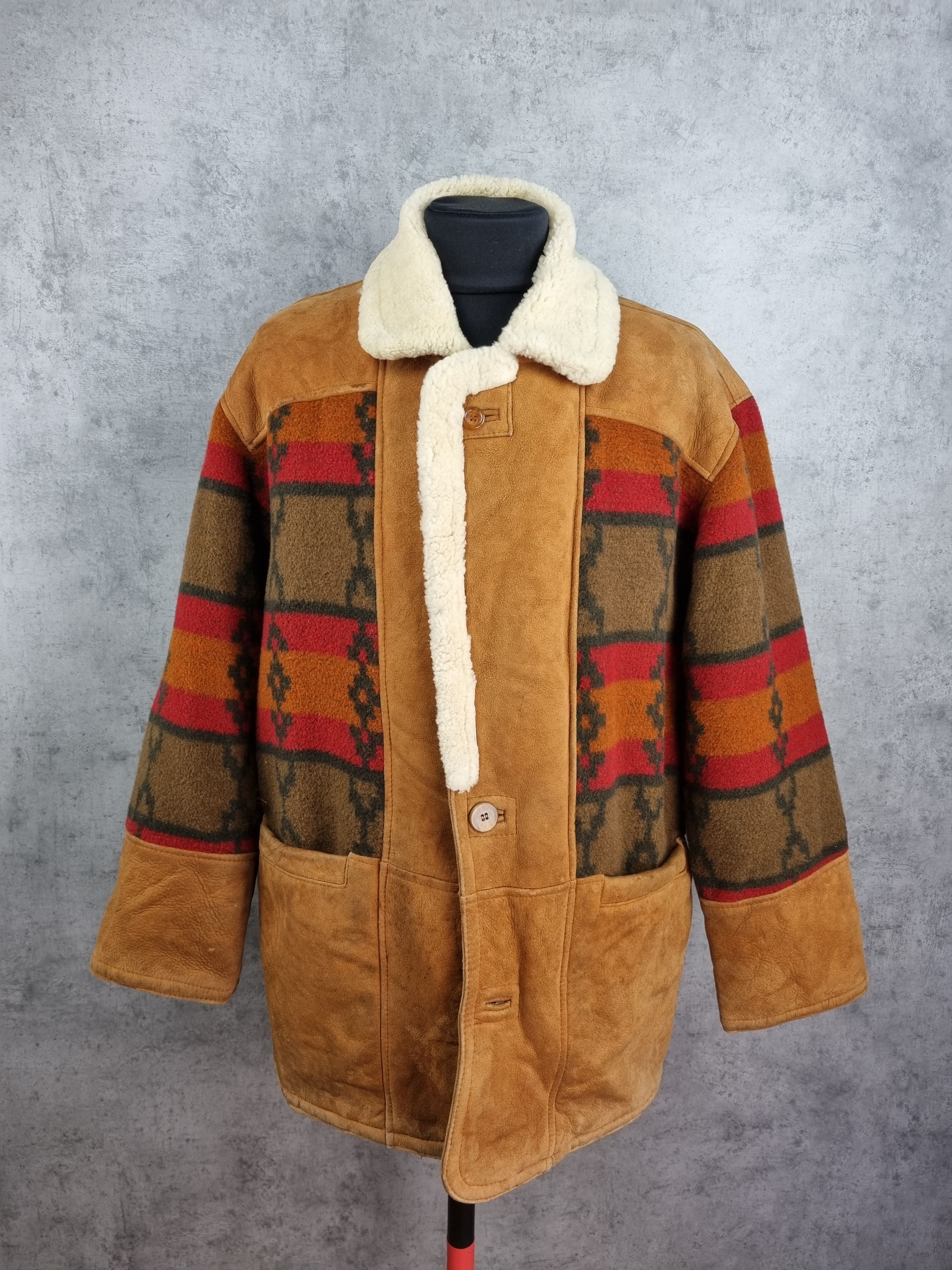 Genuine Leather Unique 80s Suede Shearling Wool Navajo Print Heavy Jacket Size US L / EU 52-54 / 3 - 6 Thumbnail