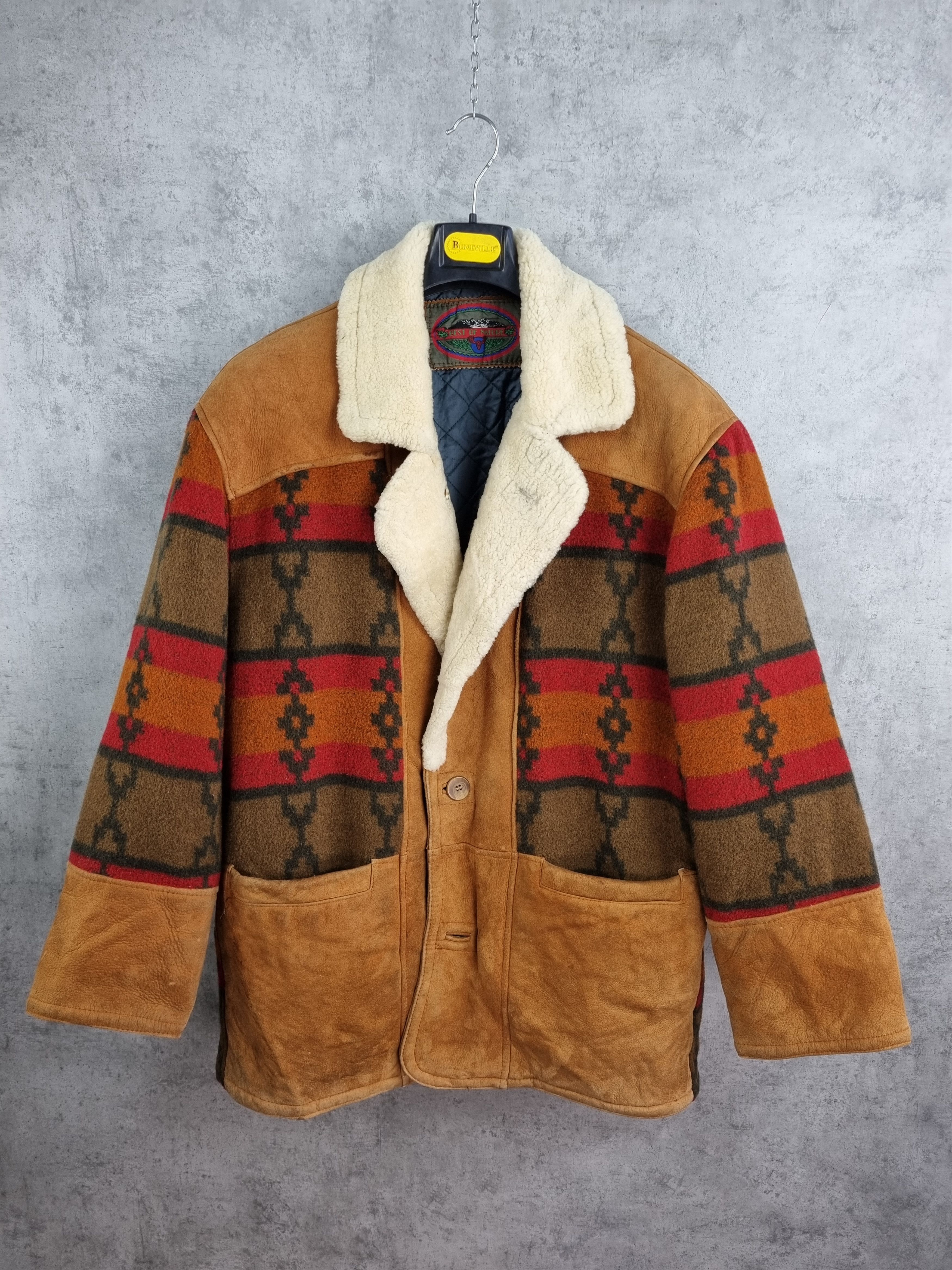 Genuine Leather Unique 80s Suede Shearling Wool Navajo Print Heavy Jacket Size US L / EU 52-54 / 3 - 3 Thumbnail