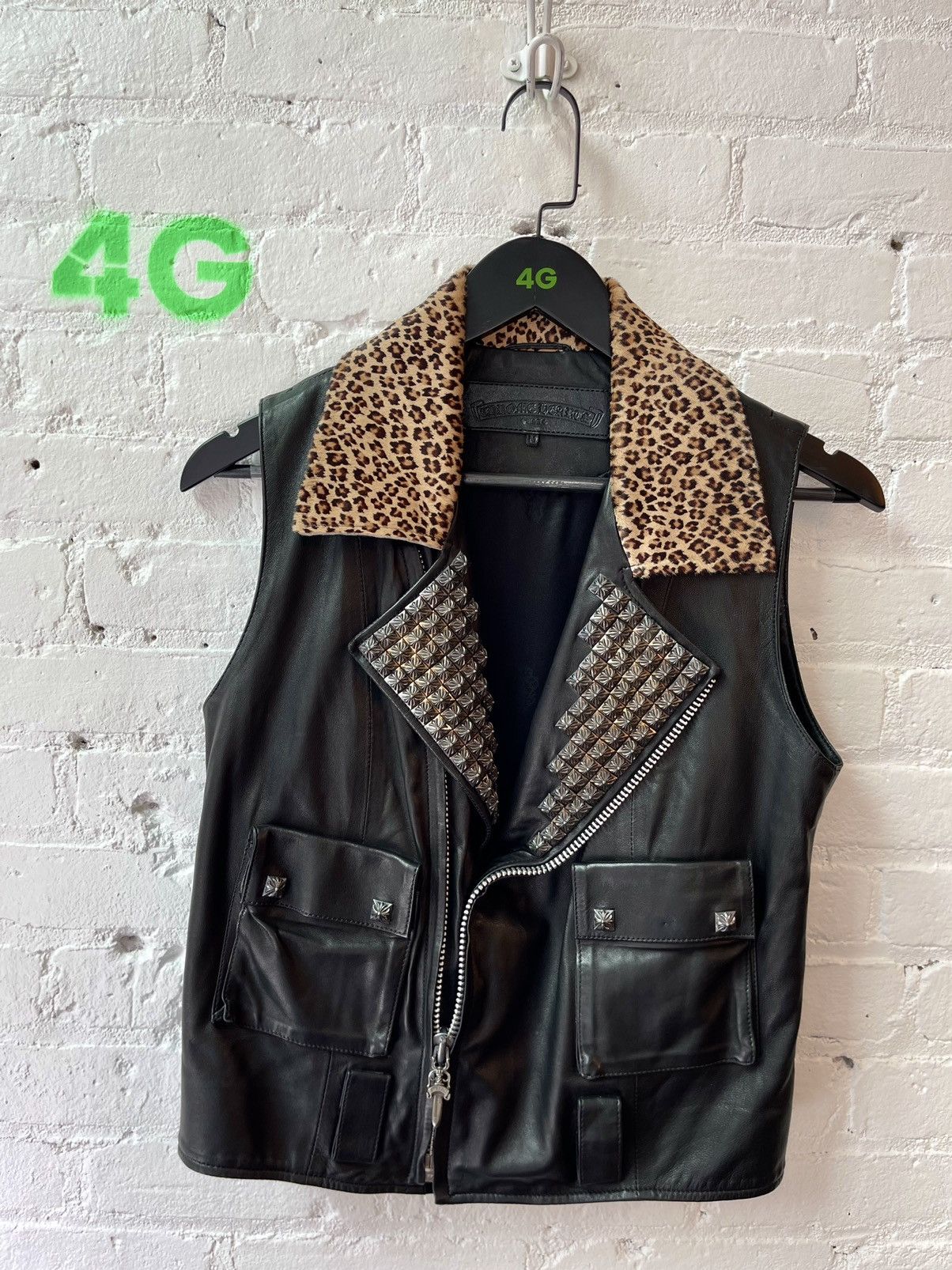 image of Chrome Hearts Rockstar Leopard Studded Leather Vest Jacket in Black, Men's (Size Medium)