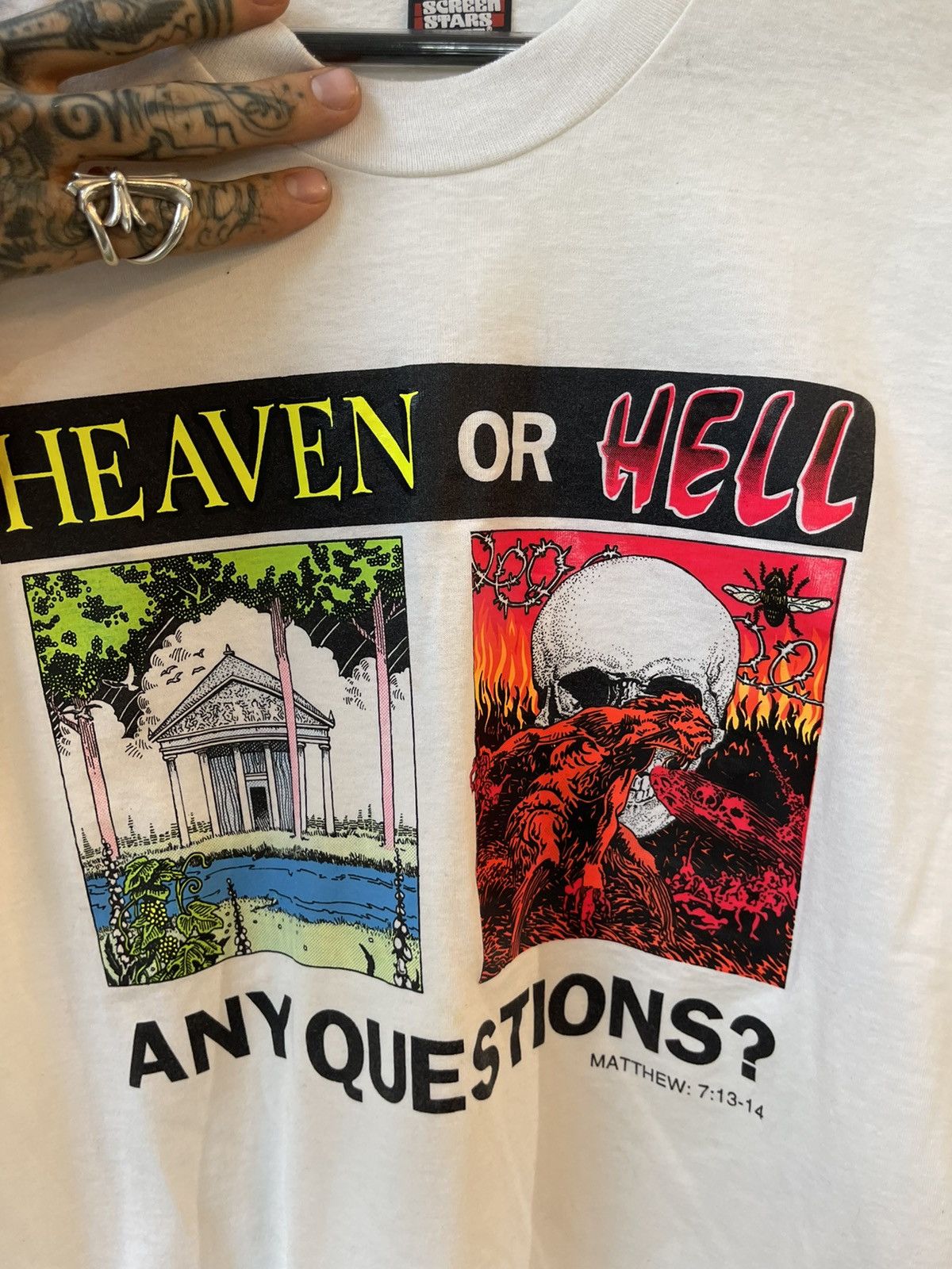 image of Vintage Heaven Or Hell Any Questions?! Sick Shirt in White, Men's (Size Large)