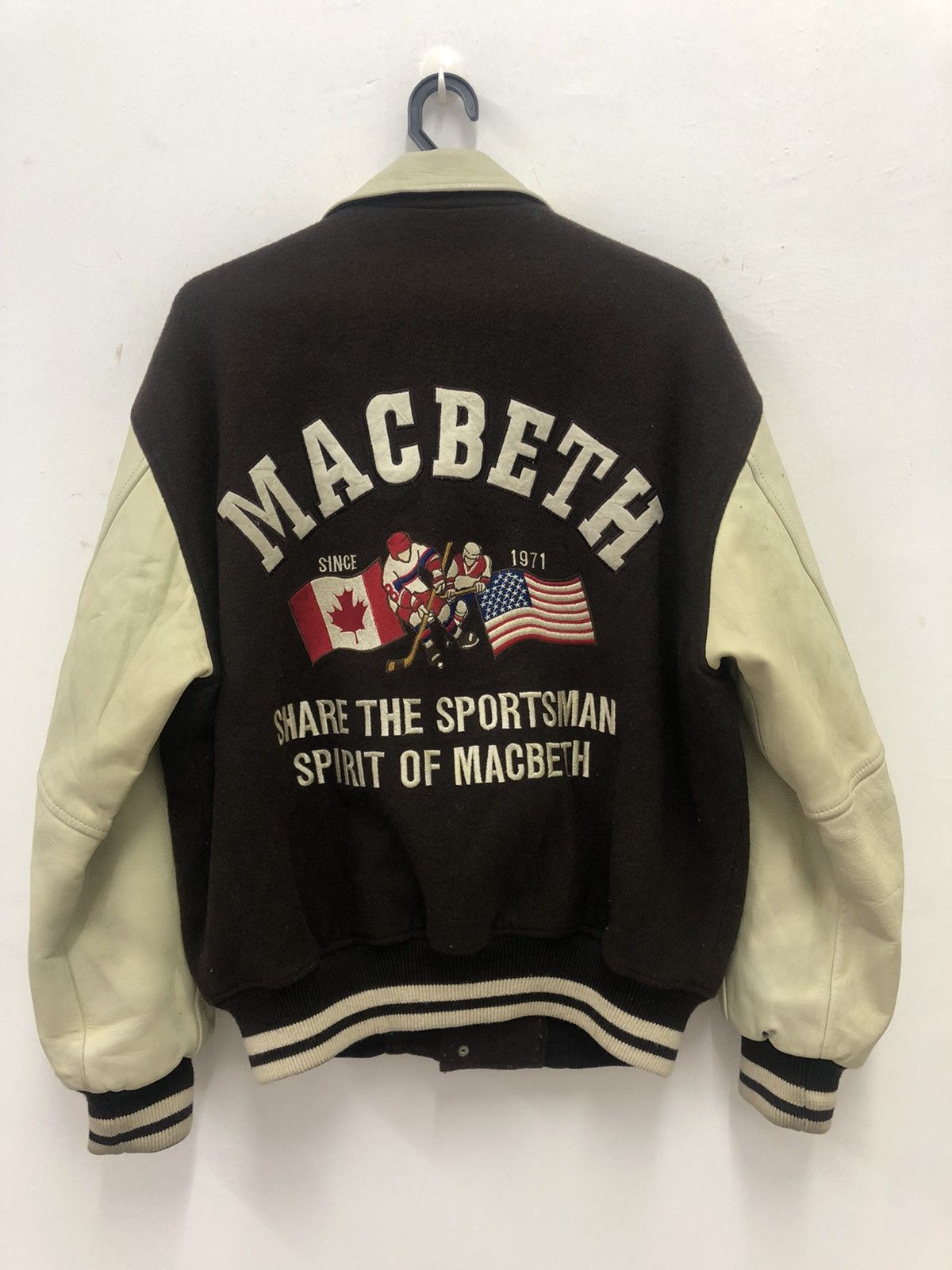 image of Vintage Macbeth Spell Out Big Logo Varsity Leather Jacket in Brown, Men's (Size Large)