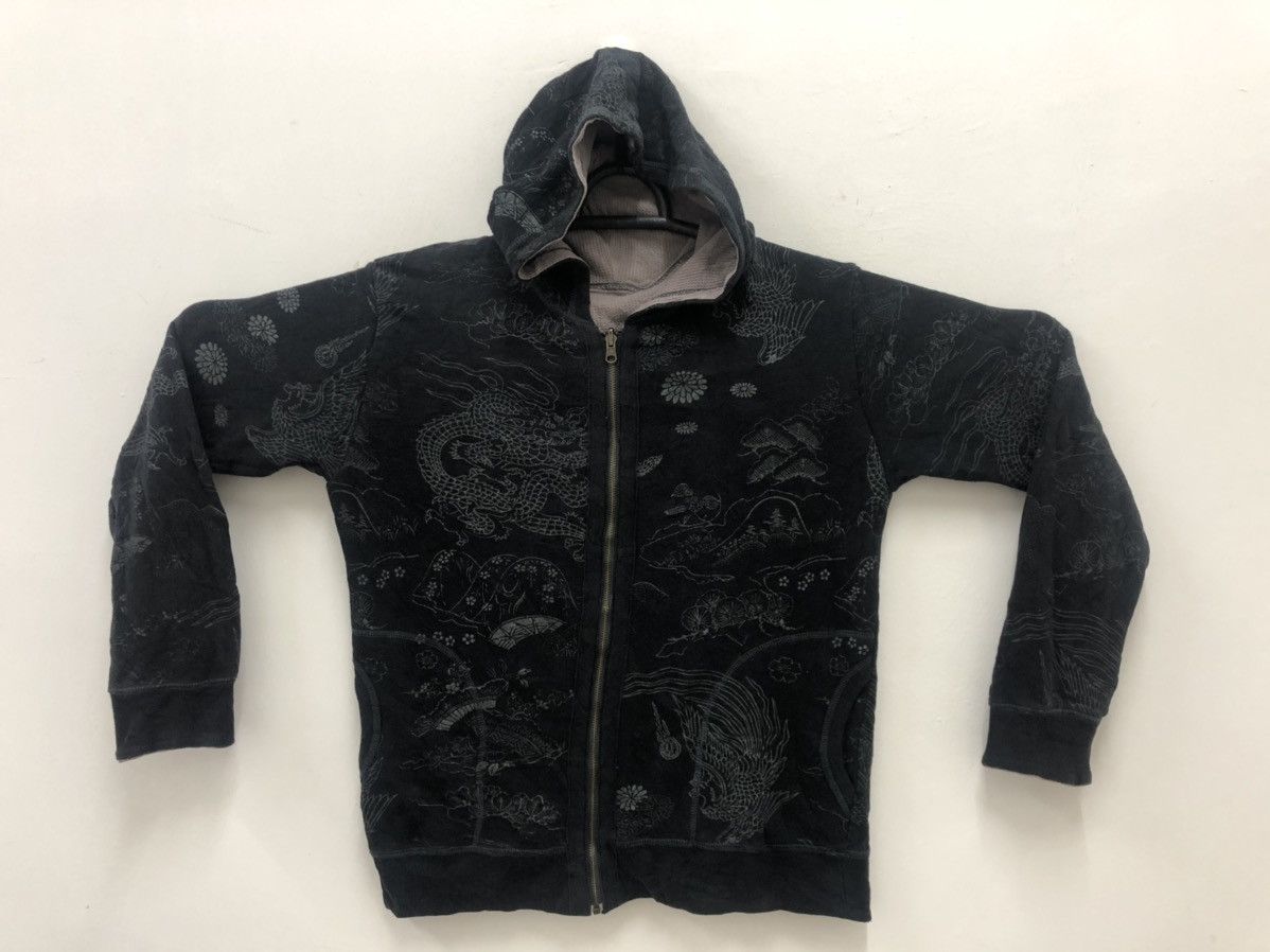 Pre-owned Japanese Brand Vintage Sukajan Japan Full All Over Print Reversible Hoodie In Black