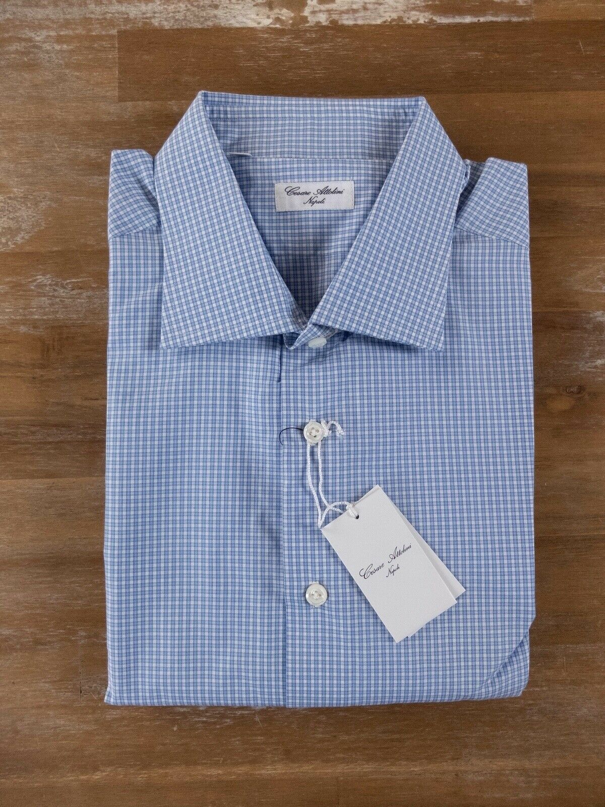image of Cesare Attolini Blue Plaid Cotton Shirt Size 44 / 17.5 Nwt, Men's