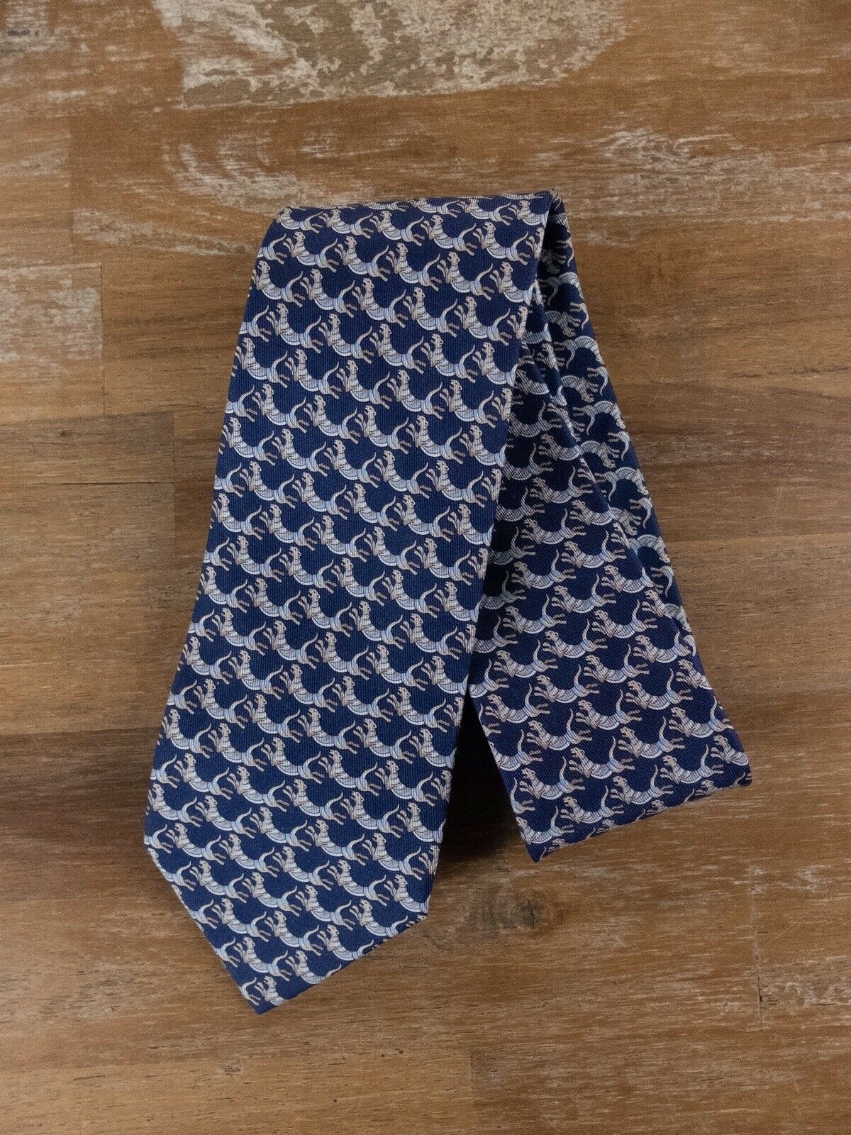 image of Salvatore Ferragamo Navy Blue Tiger Print Silk Tie Authentic, Men's