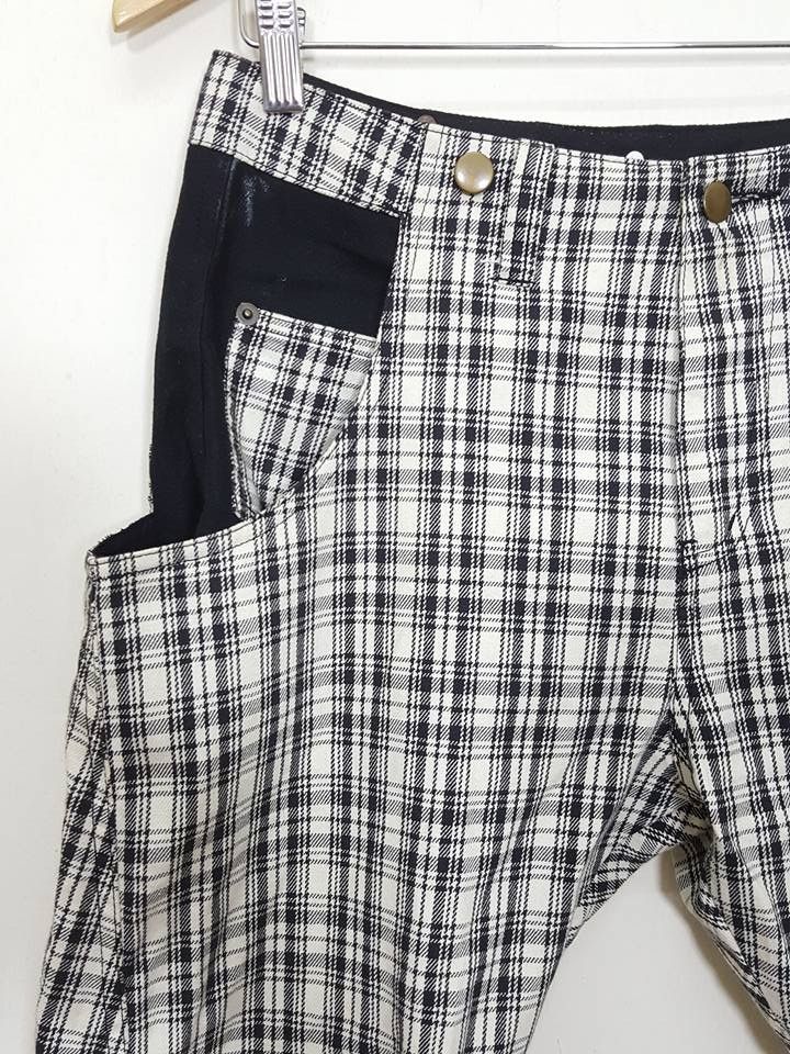 Japanese Brand Drop Crotch Tartan Black White Curve Pant By ARW Size US 29 - 3 Thumbnail