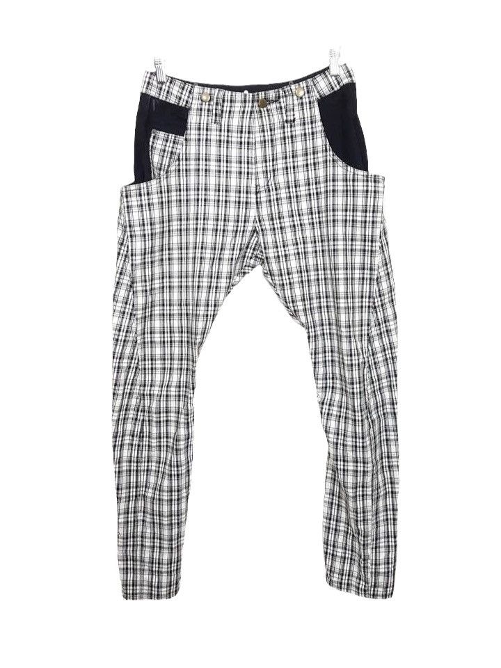 image of Designer Drop Crotch Tartan Black White Curve Pant By Arw in White Plaid, Men's (Size 29)