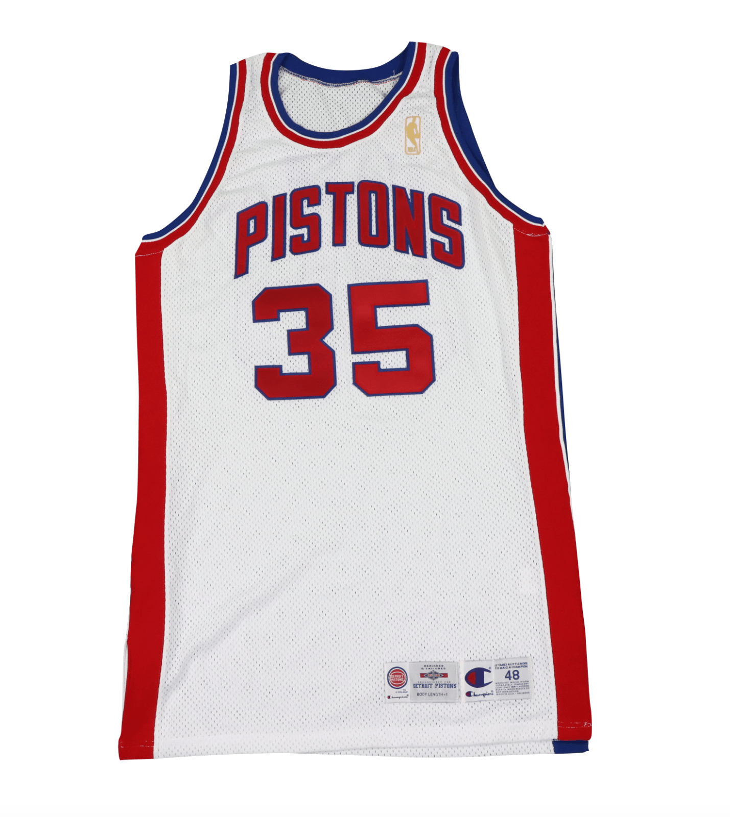 image of 90's Champion Detroit Pistons Stitched Gold Logo Jersey in White, Men's (Size Large)