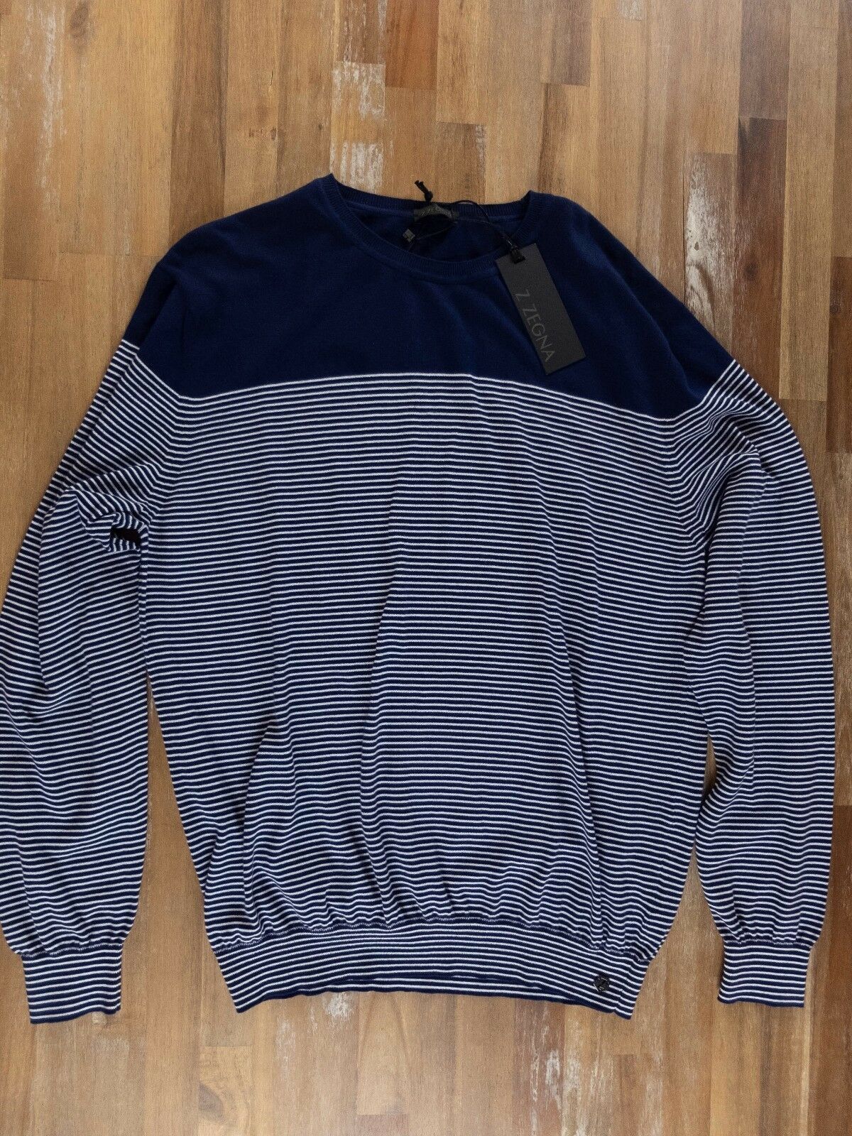 Z Zegna Z ZEGNA navy blue striped cotton sweater authentic XL - NWT Size US XL / EU 56 / 4 - 1 Thumbnail