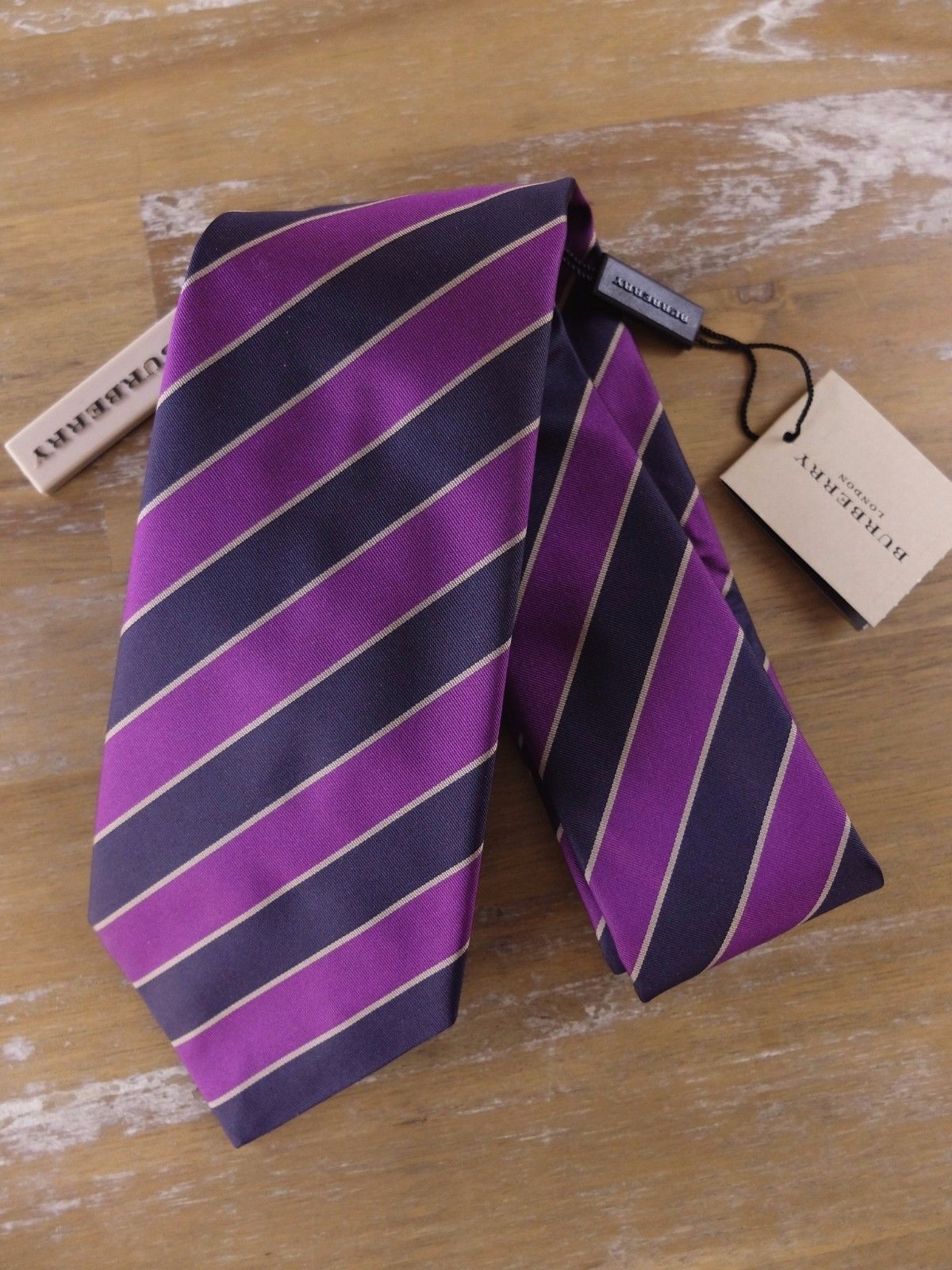 BURBERRY navy blue purple striped silk tie authentic NWT