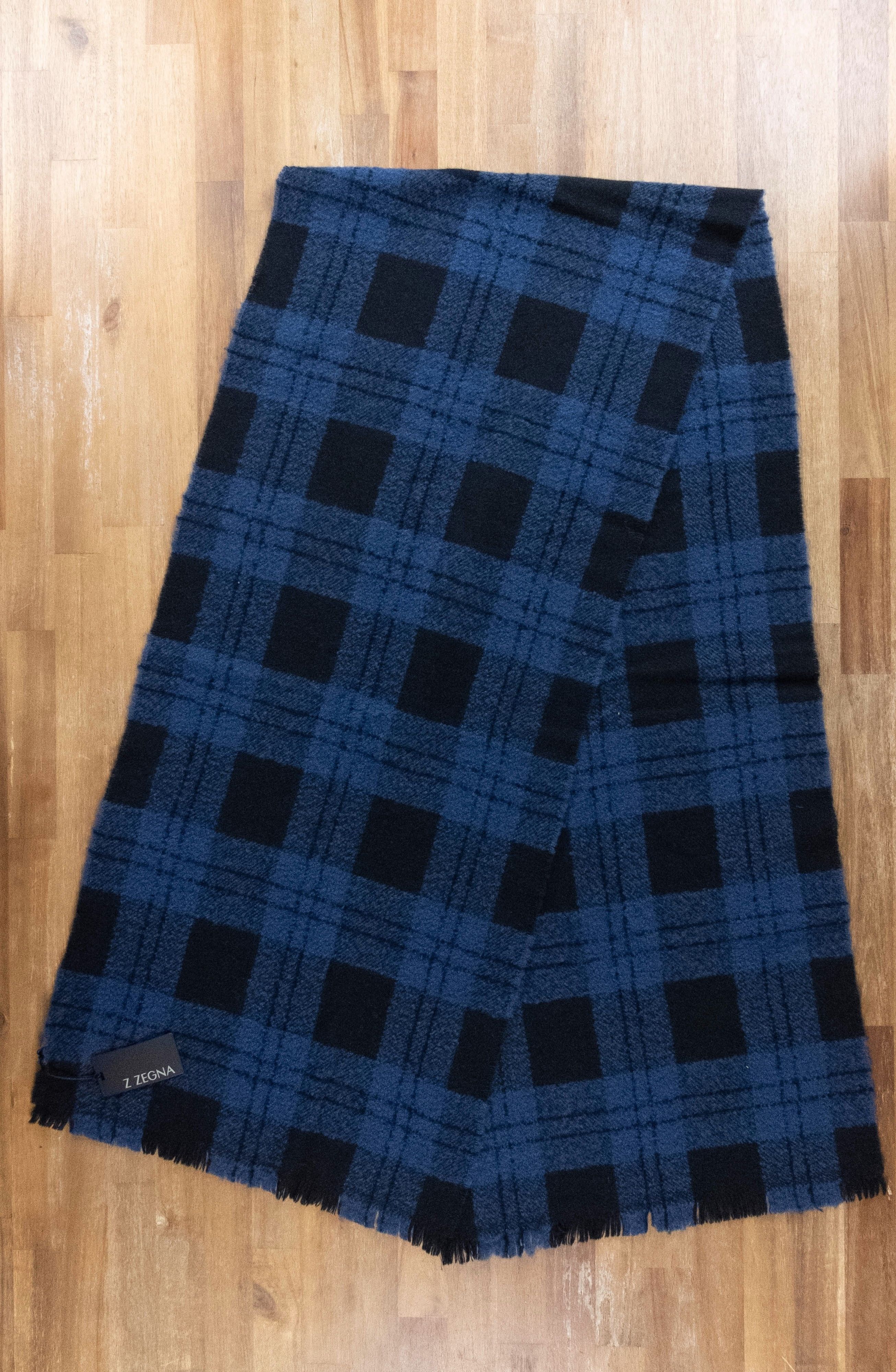 Z Zegna Z ZEGNA blue black plaid wool cashmere mix scarf - NWT Size ONE SIZE - 1 Thumbnail