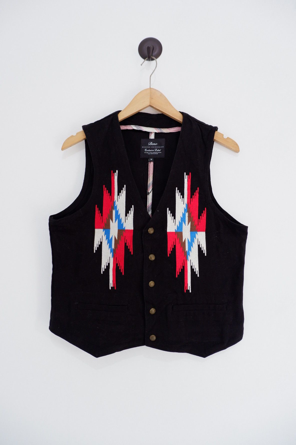 image of Vintage Beno Chimayo Embroidered Denim Vest in Black, Men's (Size Medium)