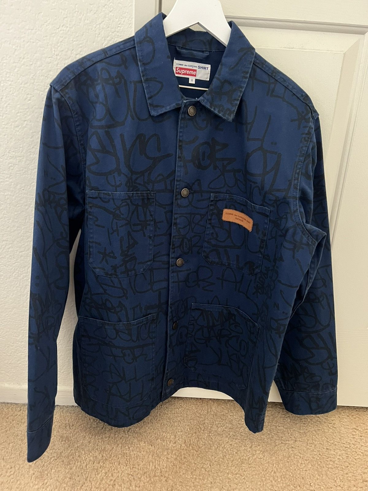 image of Comme Des Garcons x Supreme Cdg Printed Canvas Chore Coat in Navy, Men's (Size Medium)