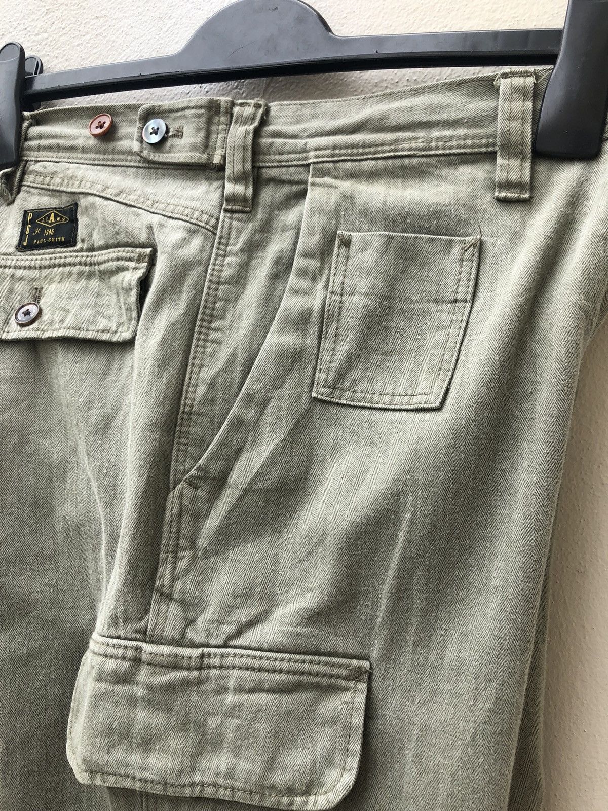 Paul Smith Olive Green Herringbone Twill Cargo Trouser Slim Fit Pant Size US 31 - 10 Thumbnail