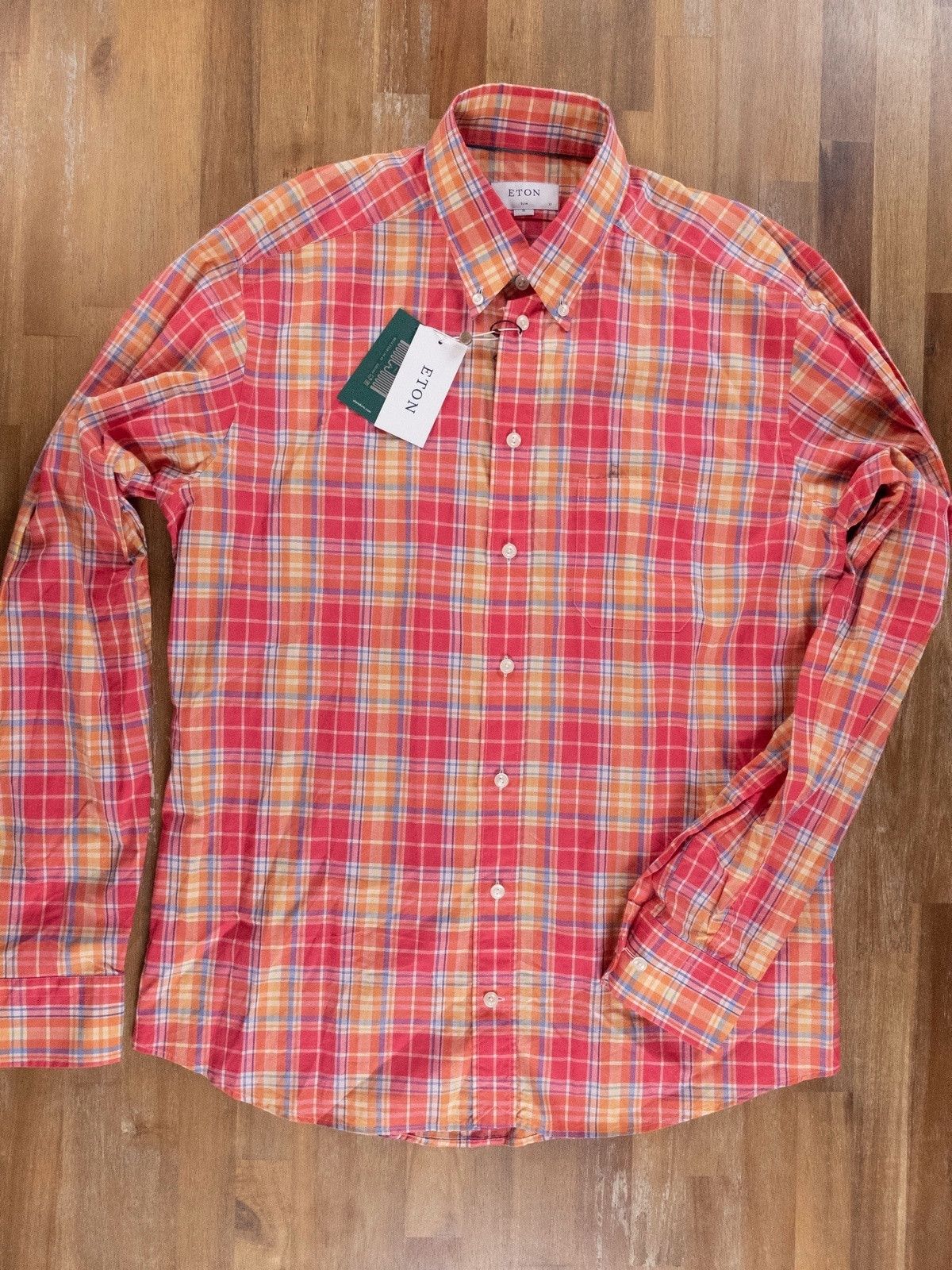 image of Eton Slim-Fit Pink Cotton Linen Plaid Shirt - Size 43 / 17, Men's