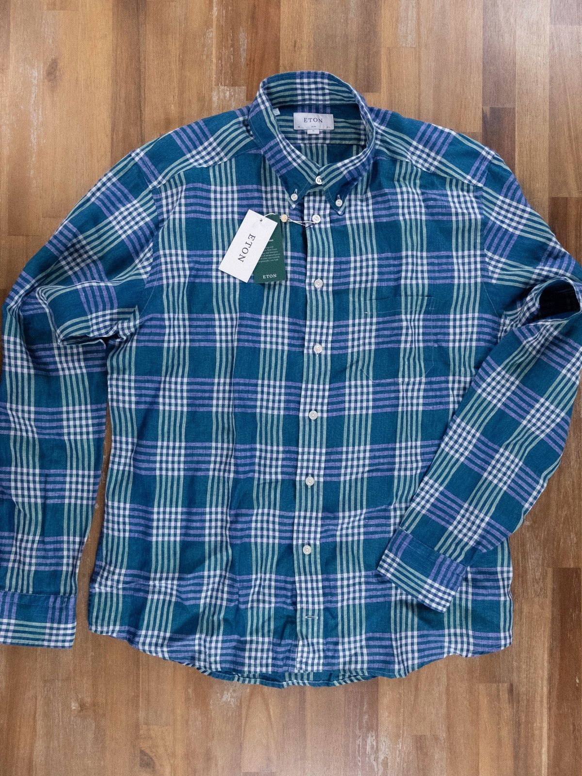 Eton ETON of Sweden slim-fit plaid green linen shirt - 44 / 17.5 Size US XL / EU 56 / 4 - 1 Thumbnail