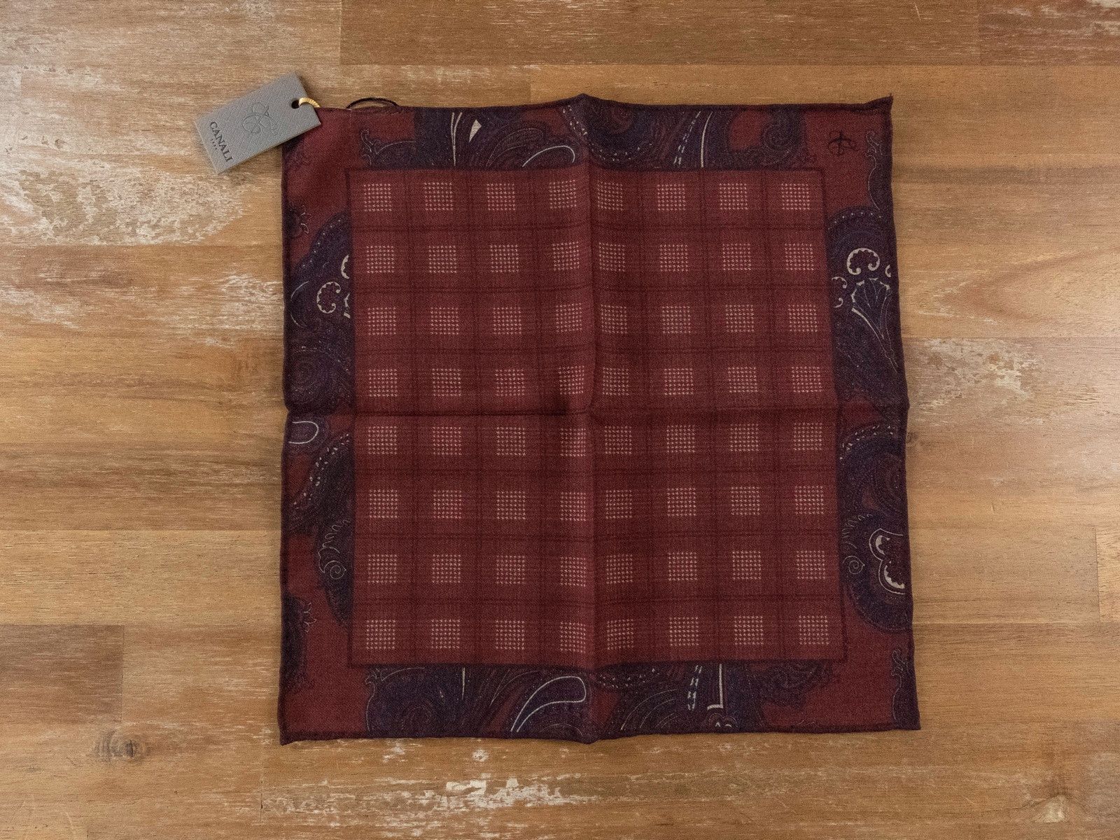 Canali CANALI dark red paisley plaid print wool pocket square Size ONE SIZE - 1 Thumbnail