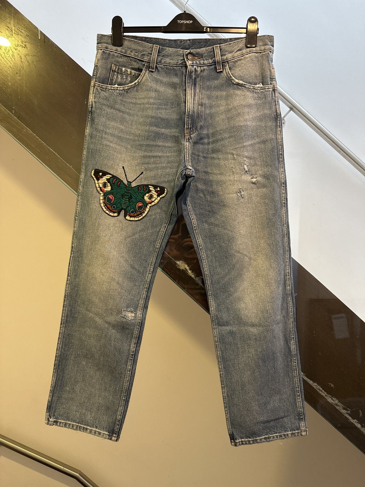 image of Gucci Distressed Butterfly Patch Denim, Men's (Size 33)