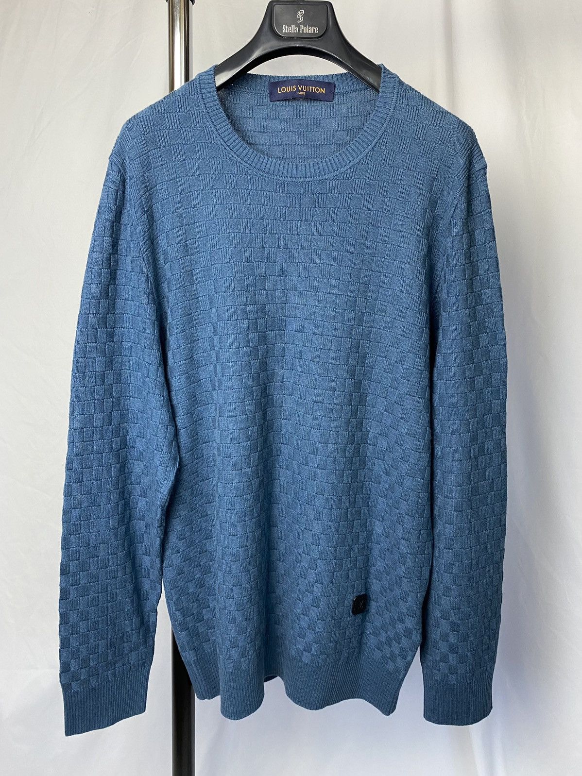 image of Louis Vuitton Damier Crewneck Sweater in Ocean Blue, Men's (Size XL)