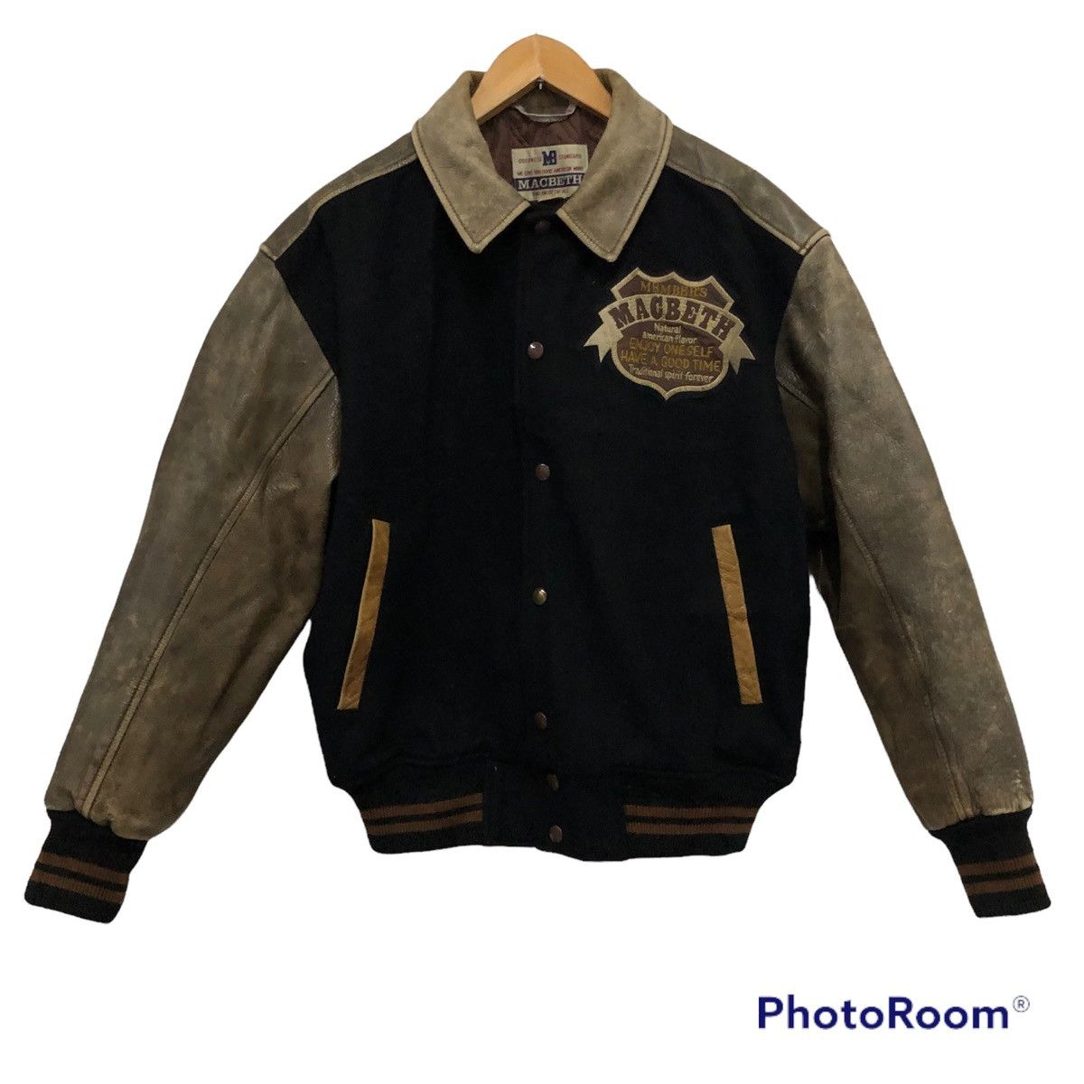 Vintage Macbeth varsity leather sleeve jacket big logo made in JAPAN Size US M / EU 48-50 / 2 - 2 Thumbnail