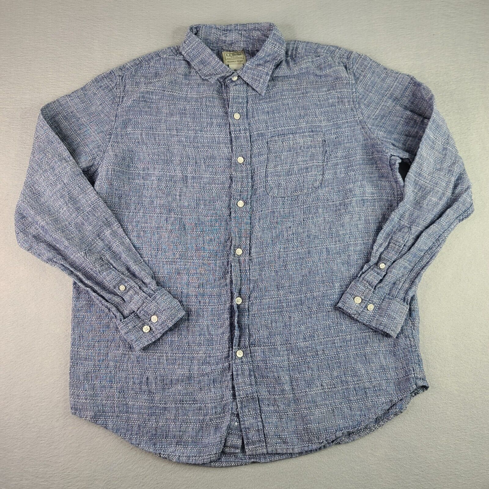 Vintage LL Bean Linen Shirt Men's Large Blue Long Sleeve Button Up
