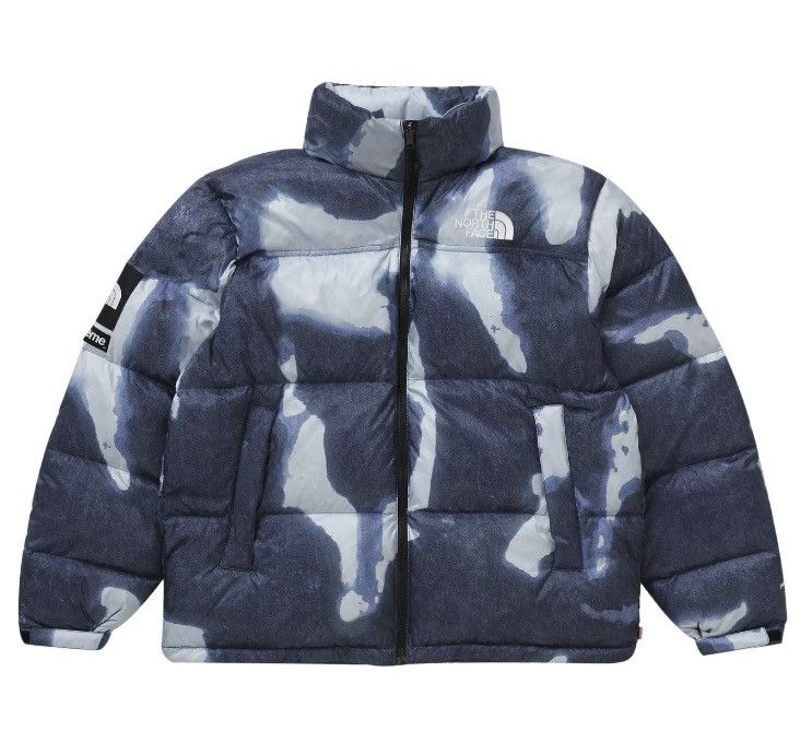 image of Supreme Tnf Bleached Denim Print Nuptse Jacket Indigo XL in Blue, Men's