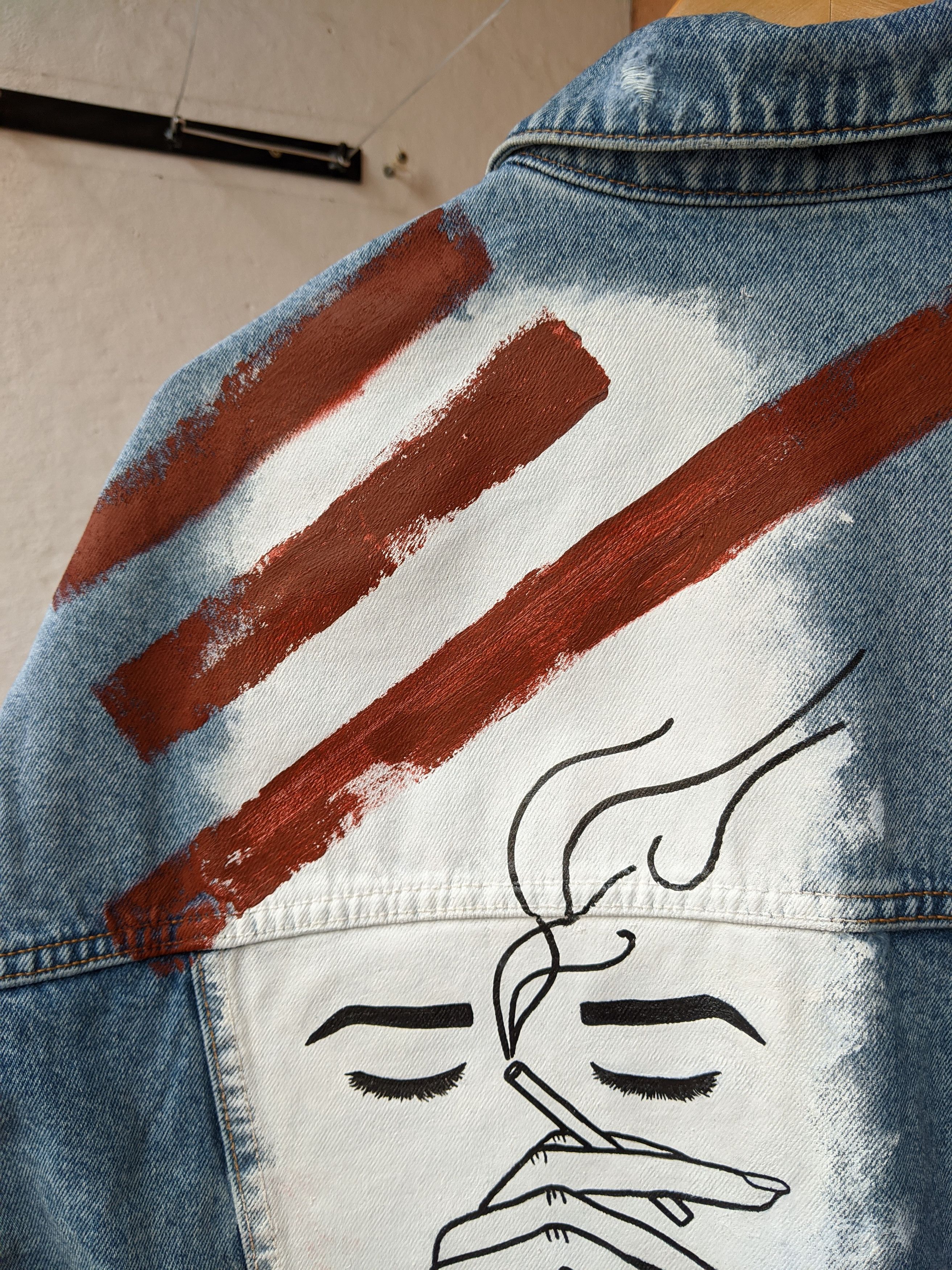 Handmade Hand-painted denim jacket 'SMOKE2' (all sizes) Size US L / EU 52-54 / 3 - 3 Thumbnail
