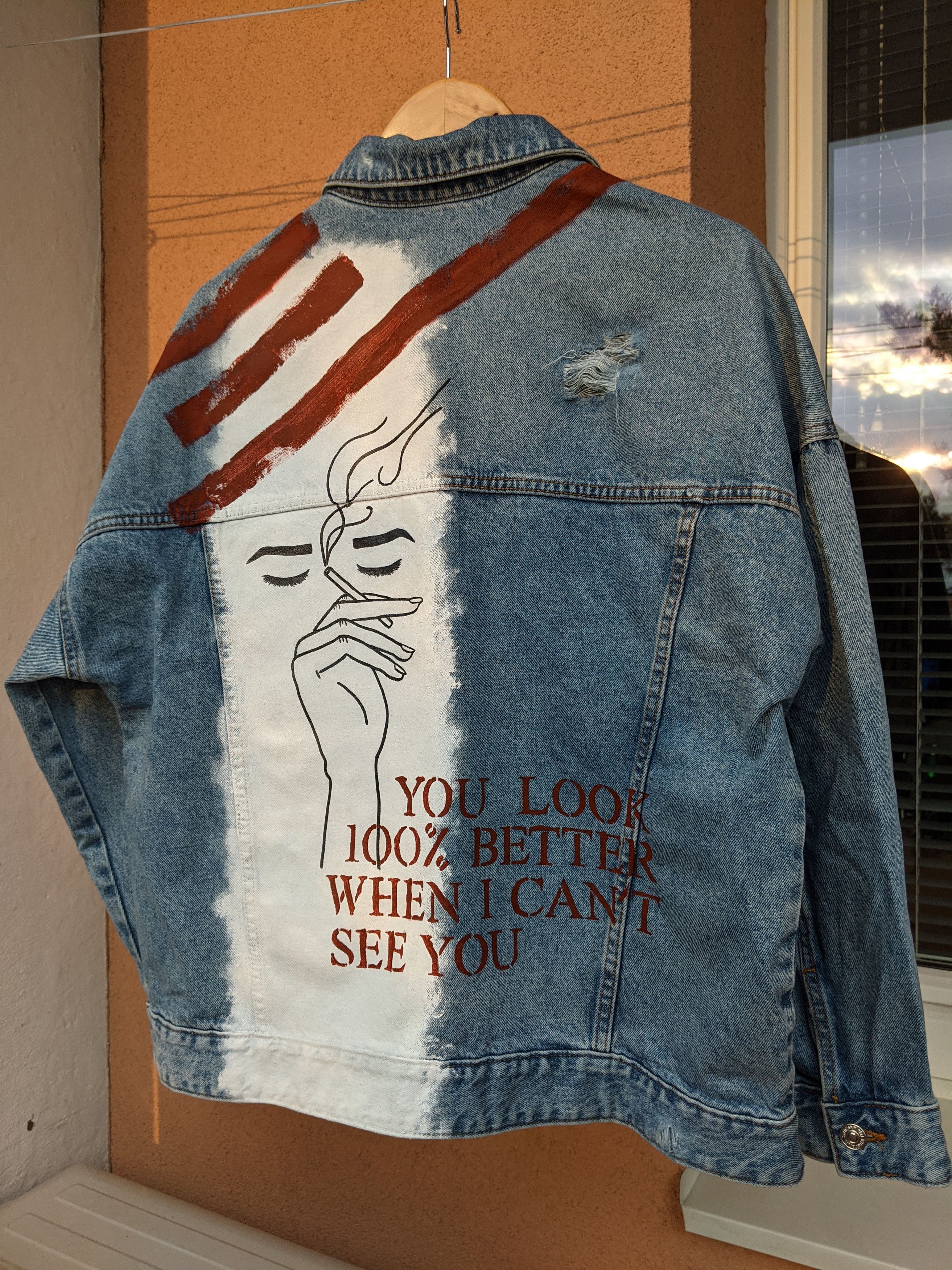 Handmade Hand-painted denim jacket 'SMOKE2' (all sizes) Size US L / EU 52-54 / 3 - 2 Thumbnail