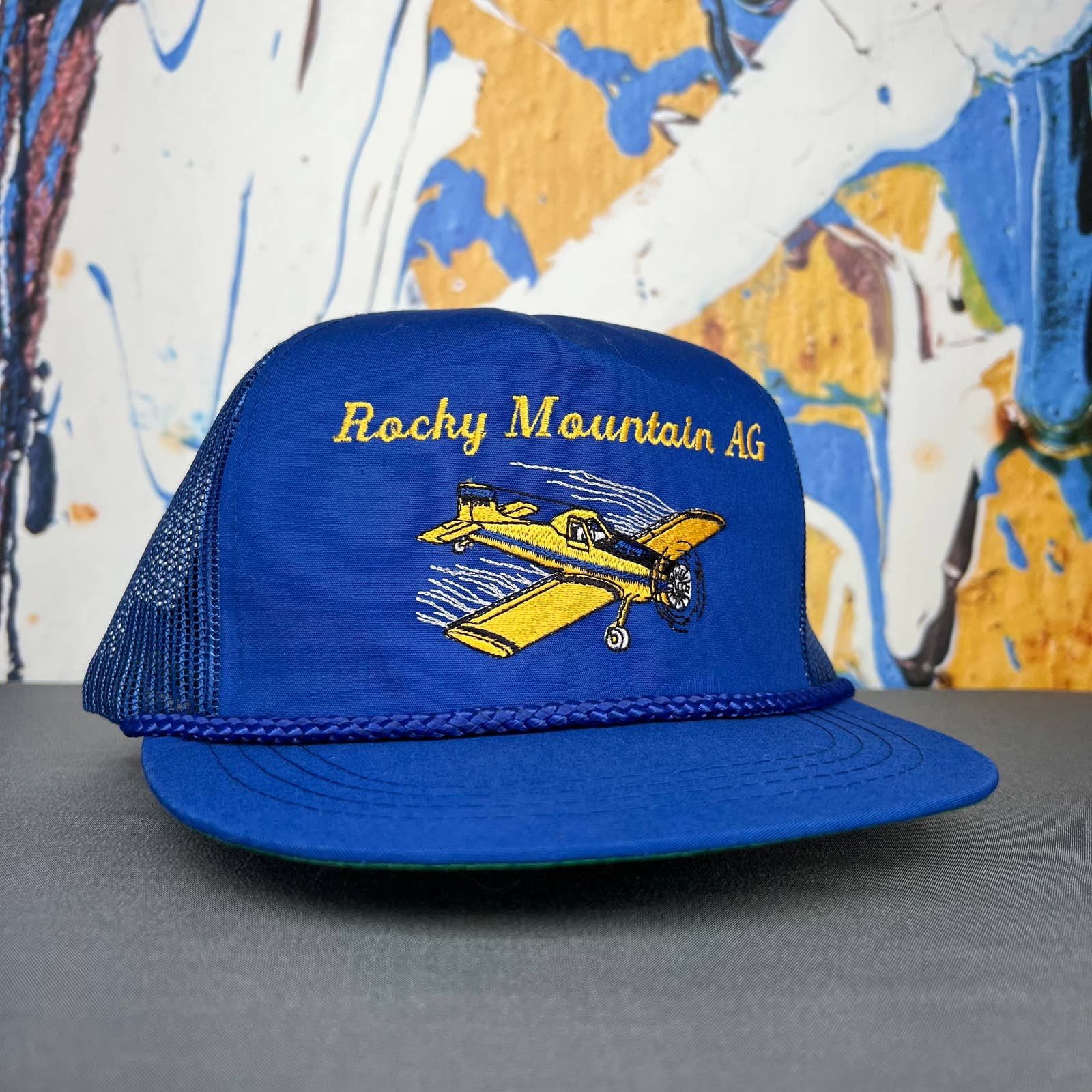 Vintage vtg 80s Rocky Mountain AG embroidered plane graphic rope hat ...