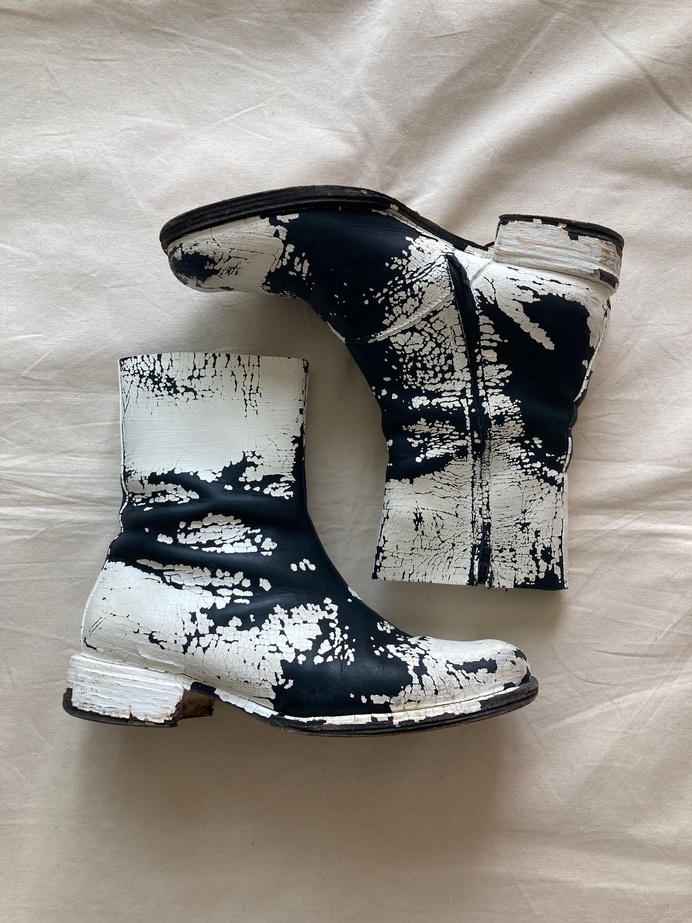 Pre-owned Maison Margiela 2002 Artisanal Painted Square Toe Boots In Black White