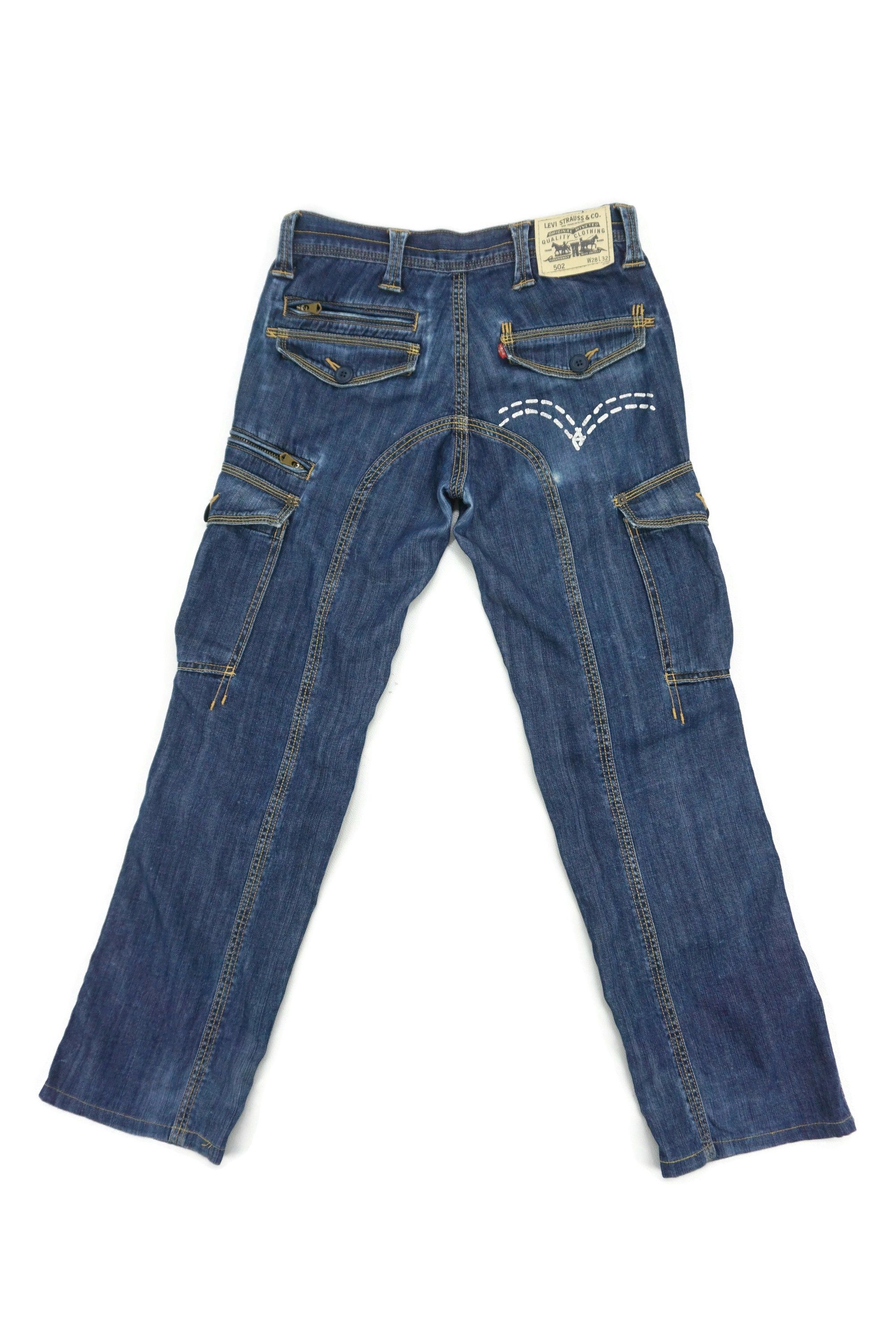 image of Levis x Rodeo Cargo Jeans 502 Distressed Tactical Hickory Dungarees in Blue, Men's (Size 28)