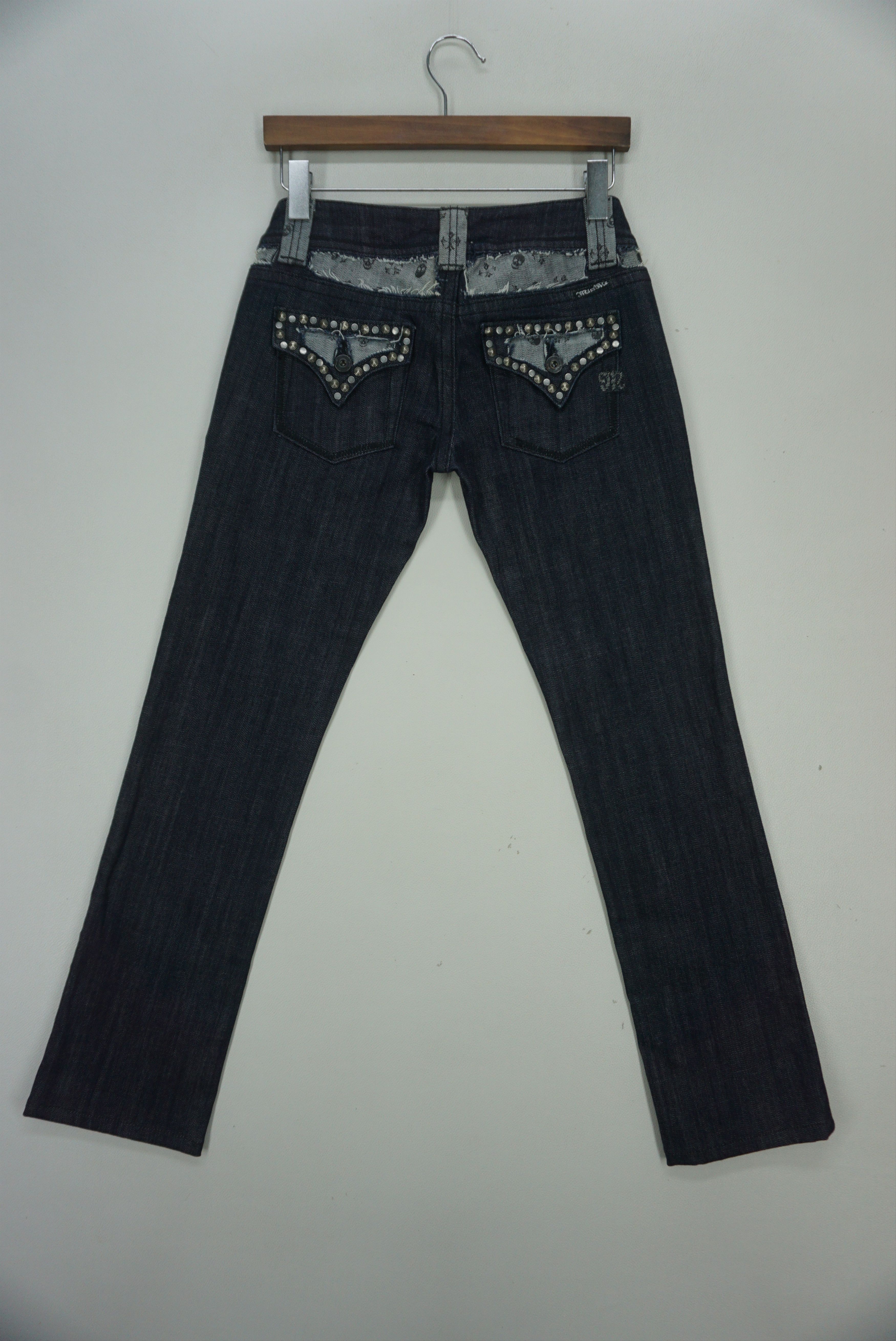 image of Miss Me x Rodeo Stud Denim Skulls Trim Embellished Pants in Blue, Women's (Size 26)