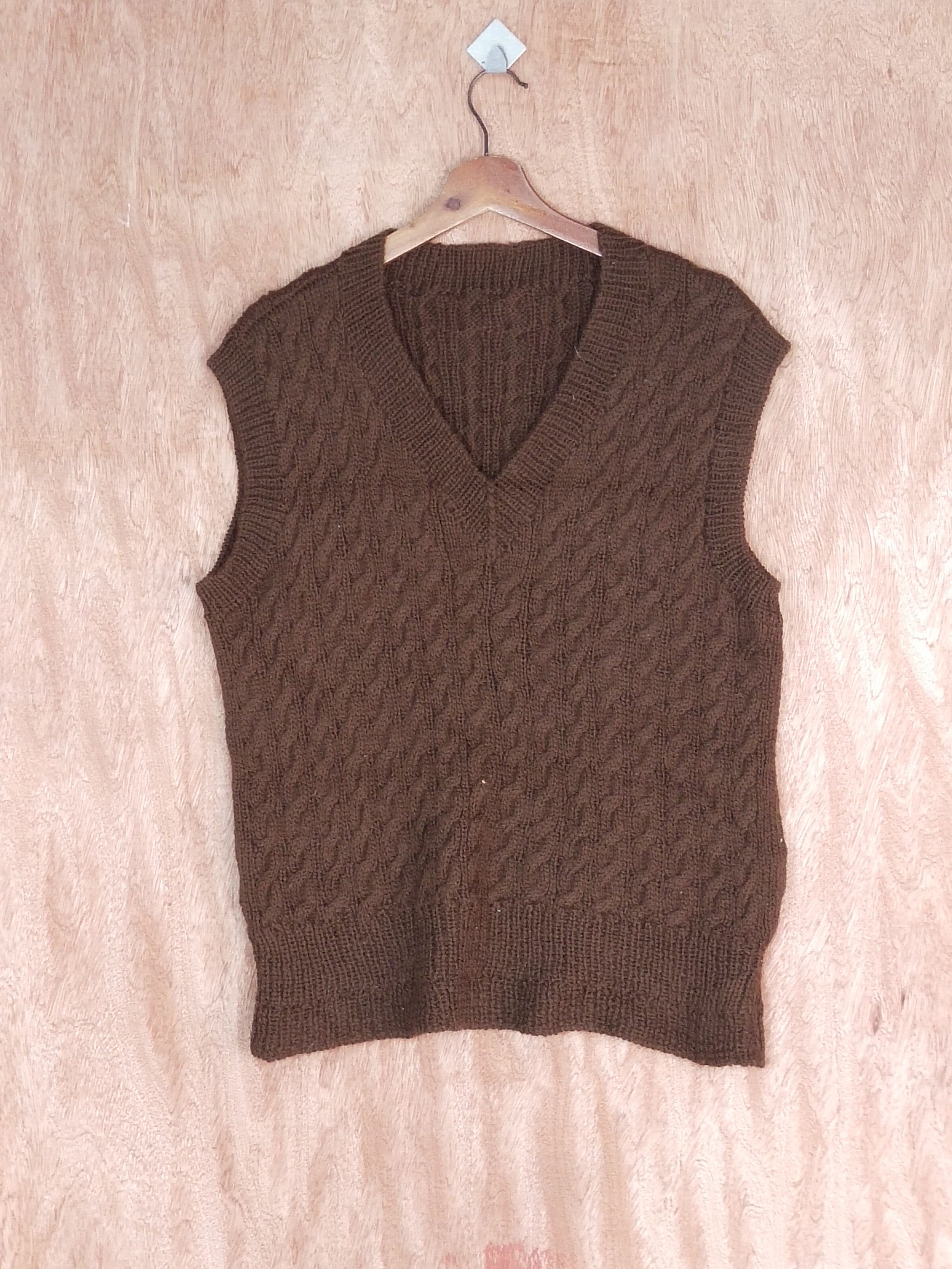 image of Homespun Knitwear Japan Brown Sleeveless Cable Knitwear S109, Men's (Size Medium)