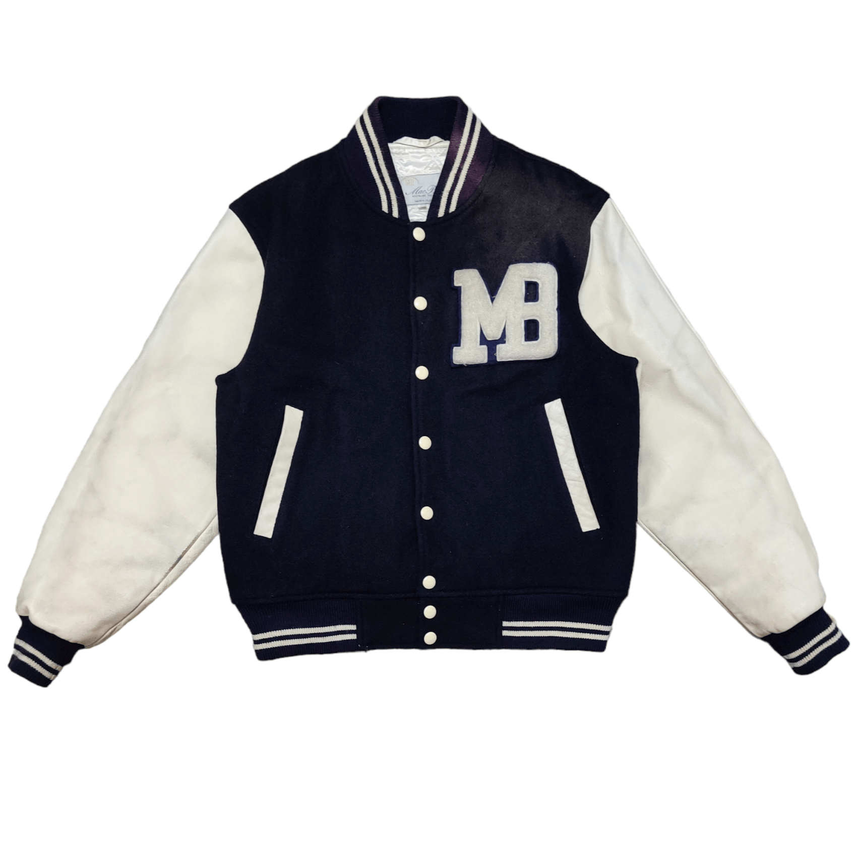 image of Archival Clothing x Macbeth Vintage Mac Beth Mb Varsity Jacket Wool Leather Sleeve in Navy (Size Me