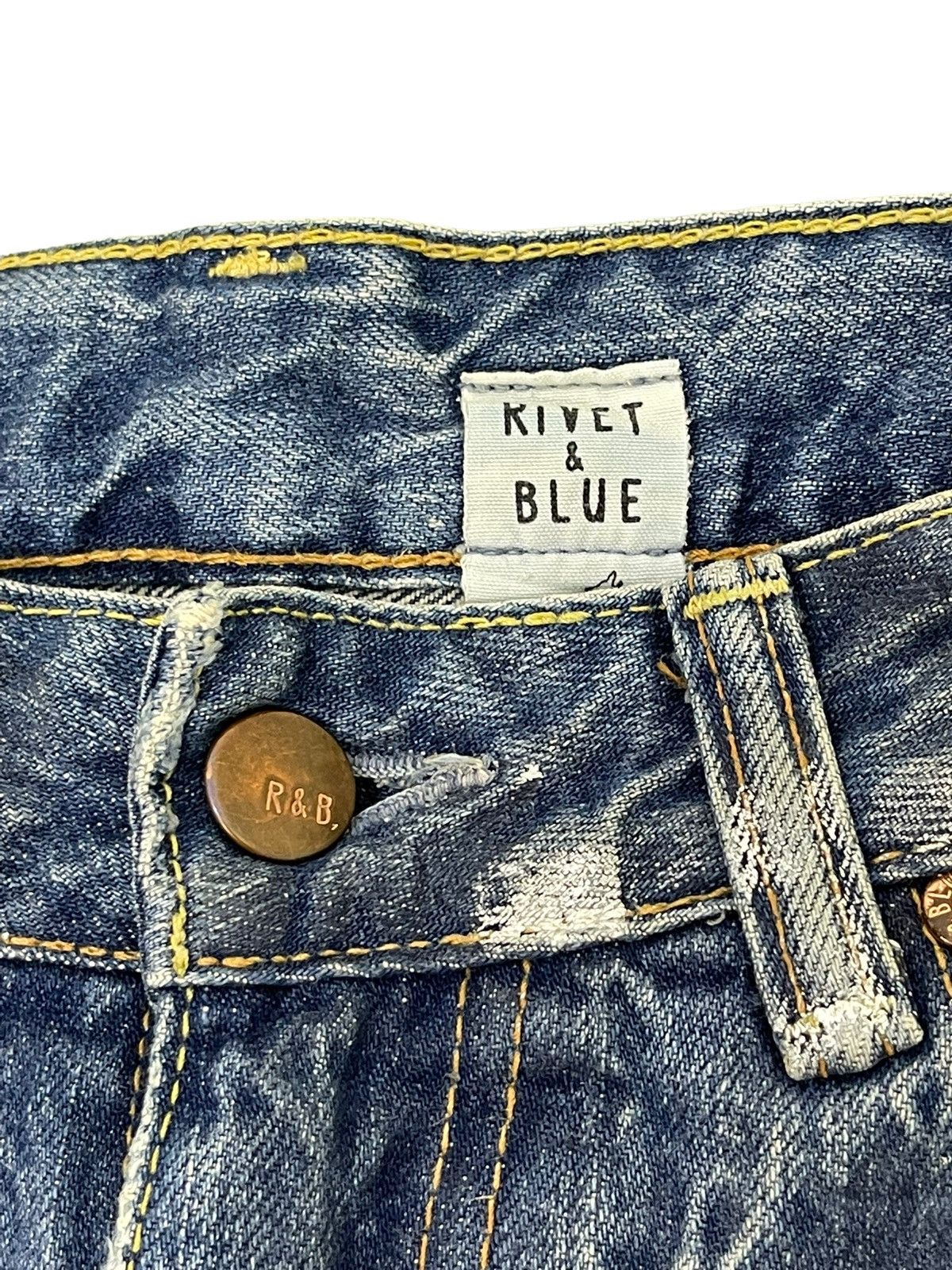 Japanese Brand Flare Jeans Rivet&Blue Japan Distress Denim Painted 5🟦2 Size US 31 - 12 Thumbnail