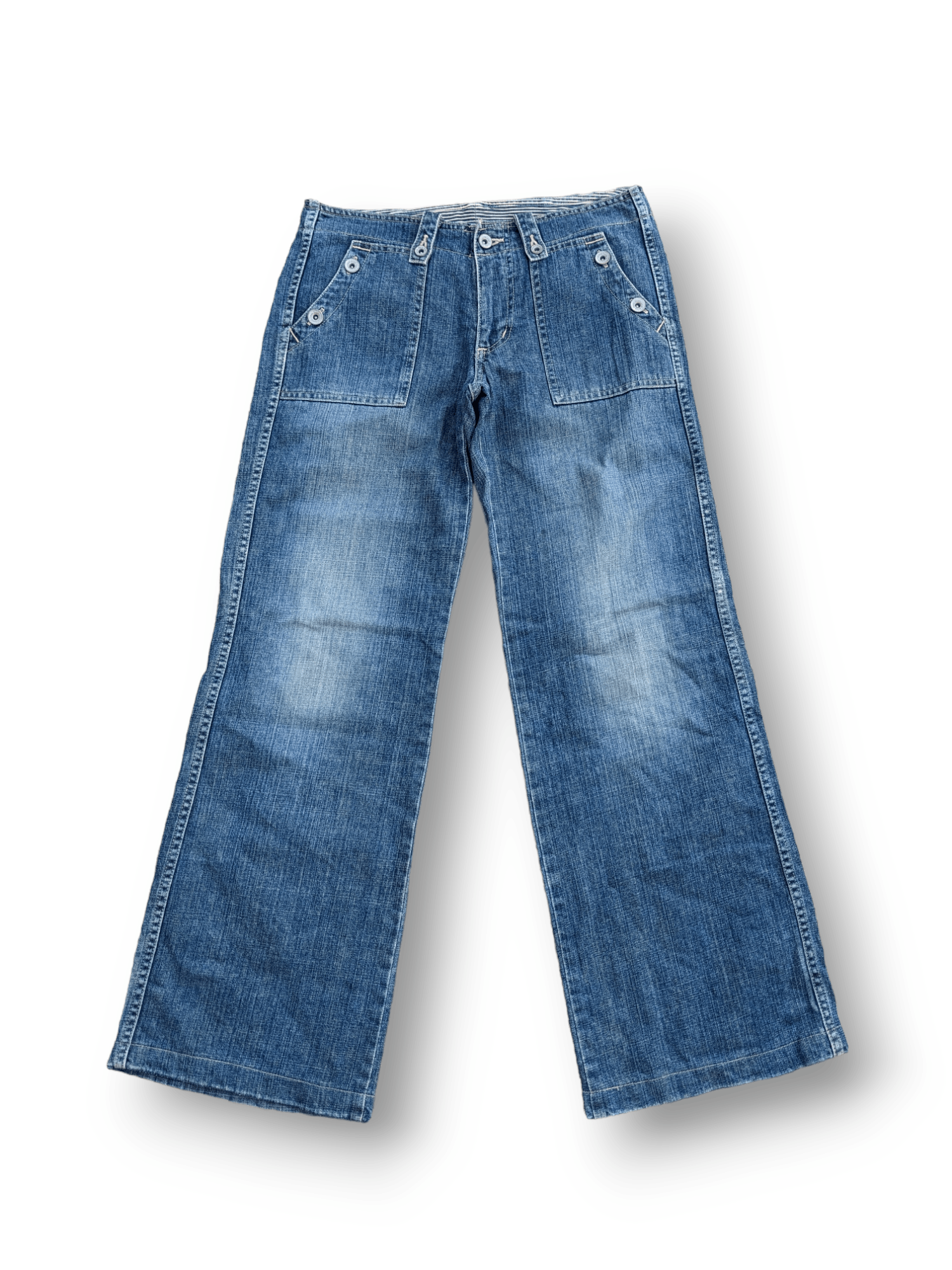 image of Archival Clothing Flared Et Boitte Denim Bush Pants in Blue Denim, Women's (Size 30)