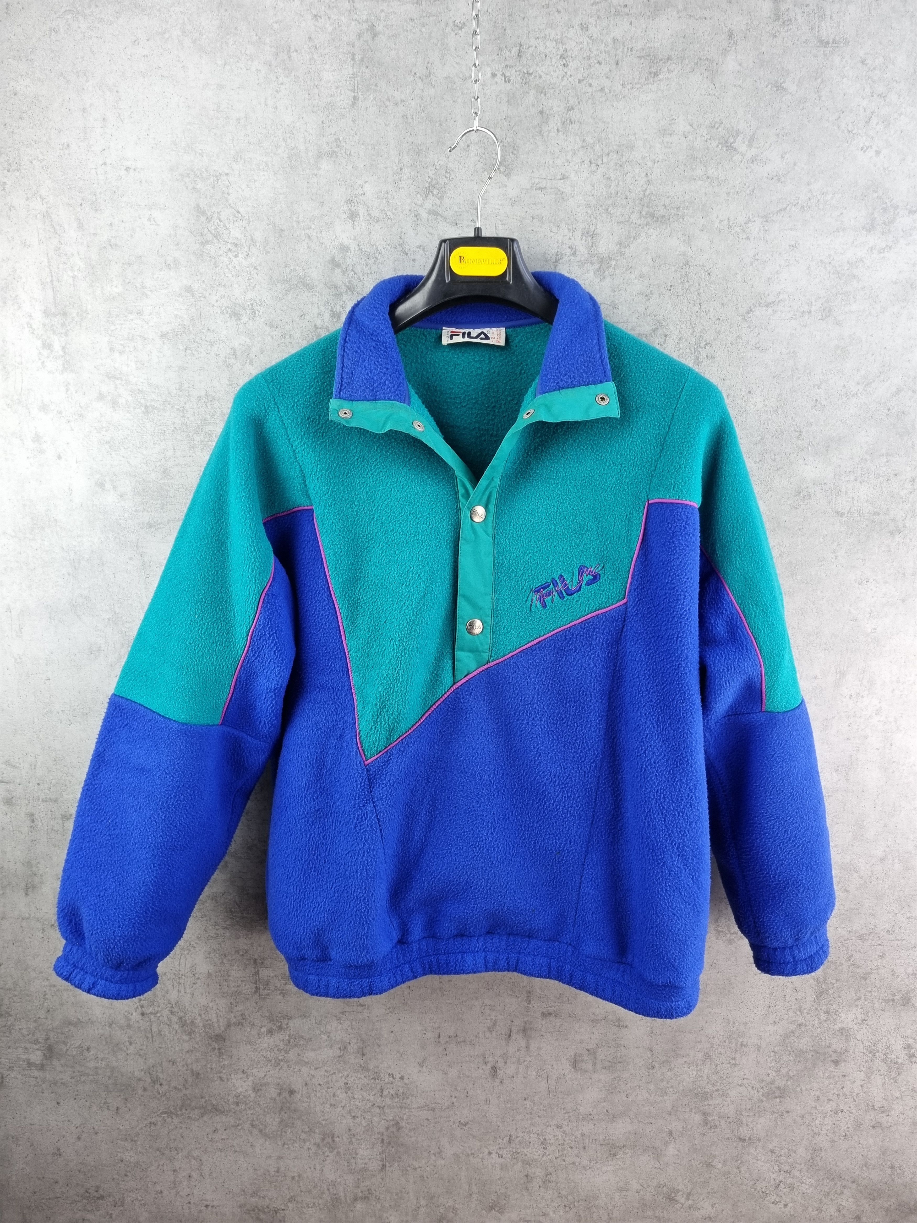 image of 90's Fila Magic Line High Neck Hall Buttons Fleece Pullover in Turquoise Blue, Men's (Size Large)