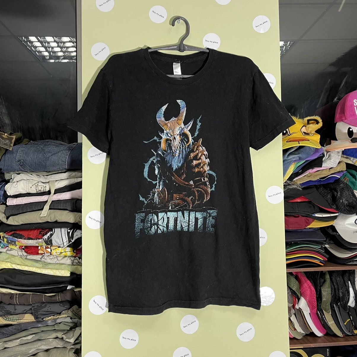 image of Y2K Adult “ Fortnite Just Play It ” Horror Humor Tee in Black, Men's (Size Small)