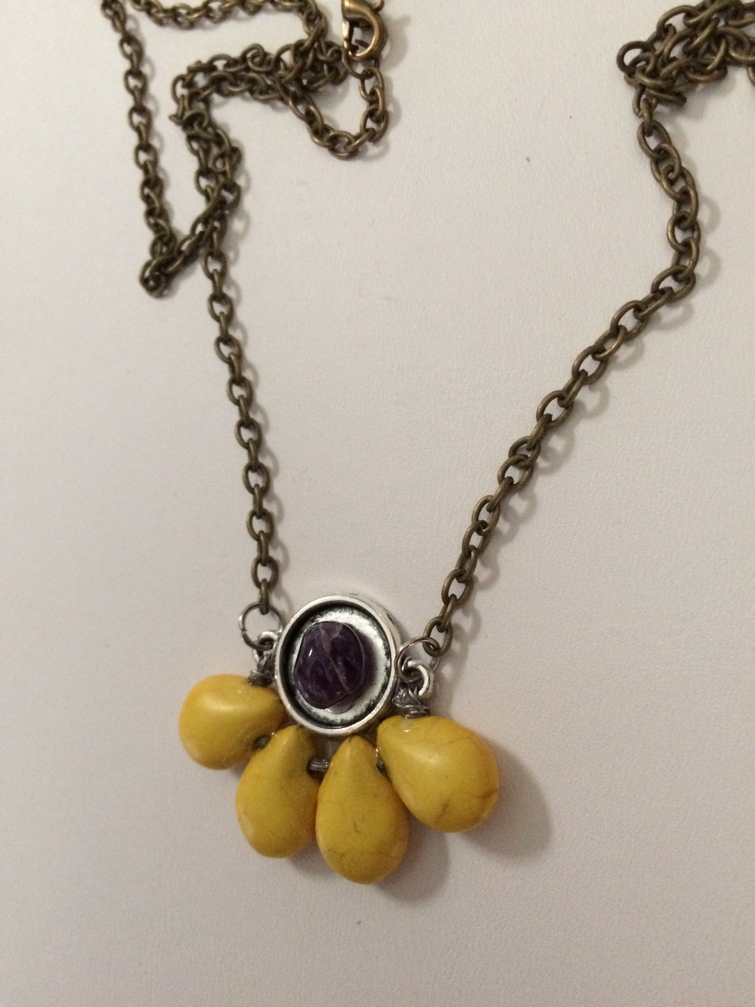 Handmade × Jewelry Yellow Turquoise Beads Bronze Necklace with Amethyst Size ONE SIZE - 2 Thumbnail