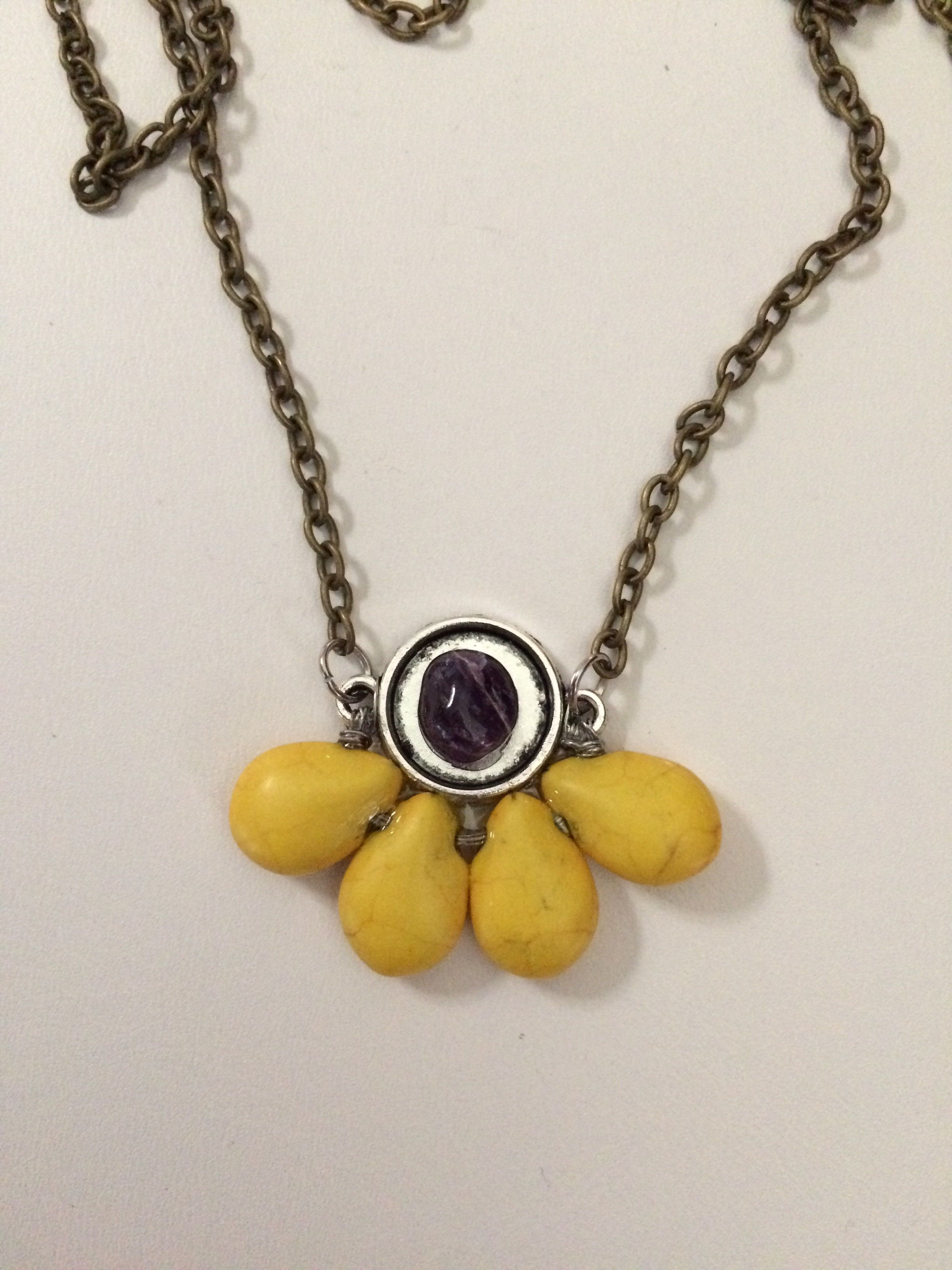 Handmade × Jewelry Yellow Turquoise Beads Bronze Necklace with Amethyst Size ONE SIZE - 3 Thumbnail