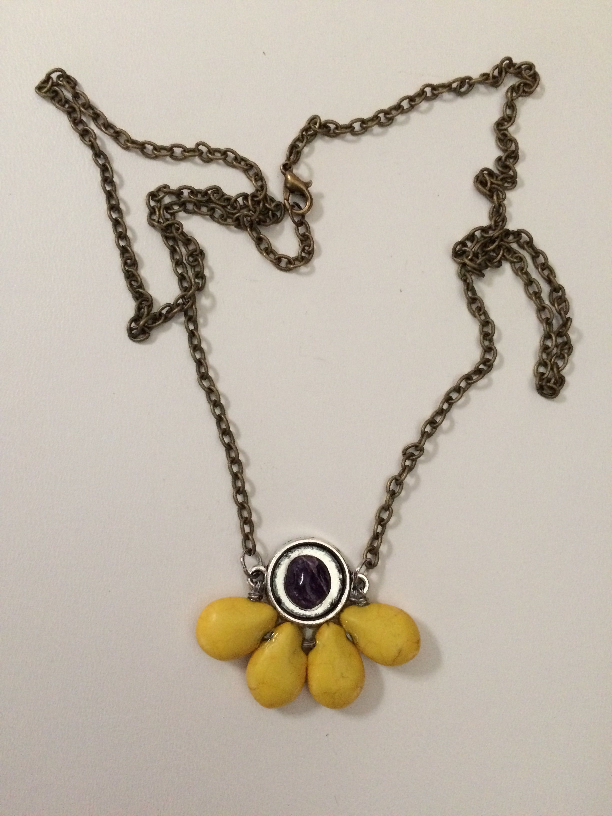 Handmade × Jewelry Yellow Turquoise Beads Bronze Necklace with Amethyst Size ONE SIZE - 1 Thumbnail